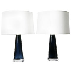 Pair of 1970s Blue Crystal Orrefors Lamps Design Carl Fagerlund