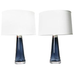 Pair of 1970s Blue Crystal Orrefors Lamps Design Carl Fagerlund, Sweden, 1970
