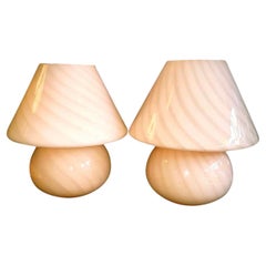 Antique Pair of 1970's Blush Murano Glass 'Mushroom' Lamps