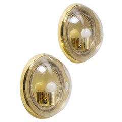 Pair of 1970s Brass and Bubble Glass Wall Lights by Hillebrand