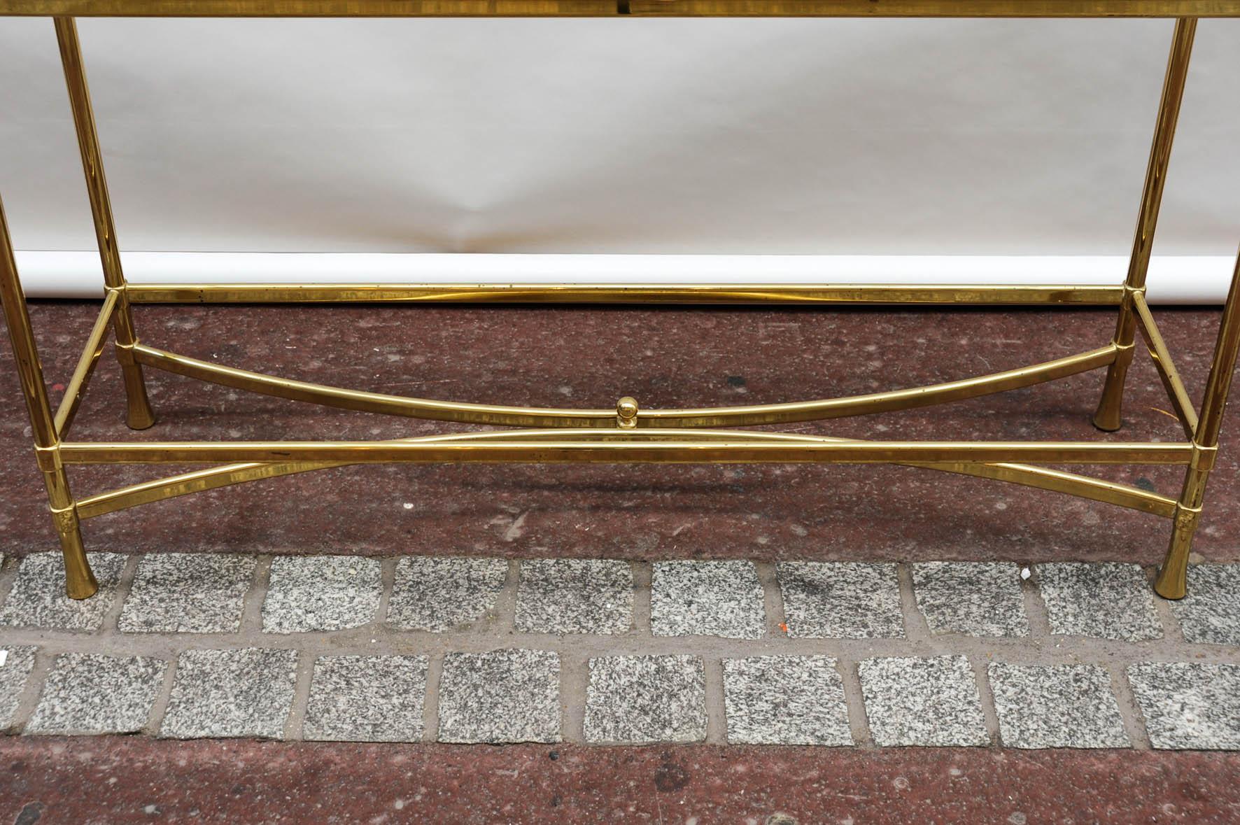 French Pair of 1970s Brass and Glass Consoles