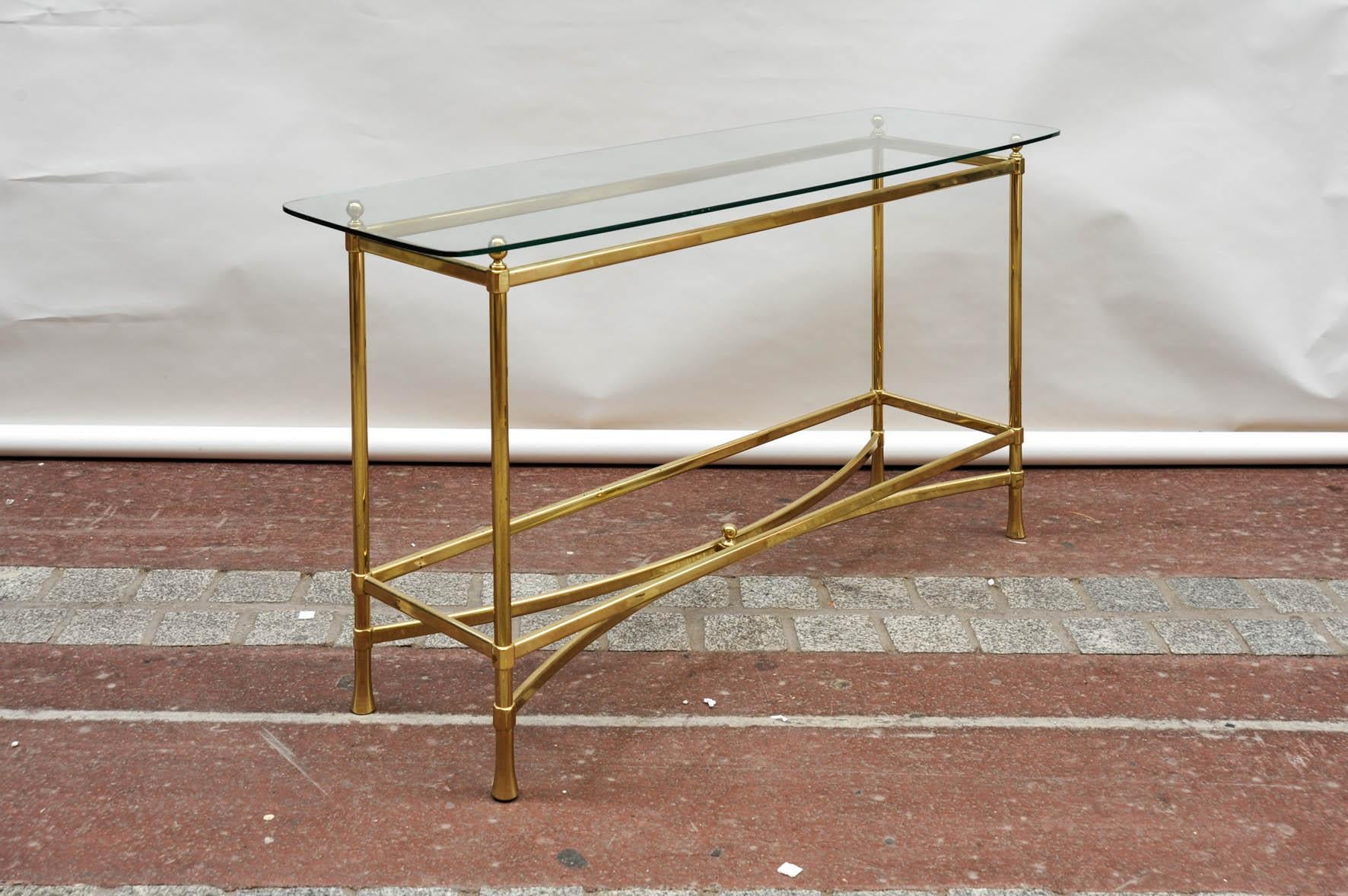 Late 20th Century Pair of 1970s Brass and Glass Consoles