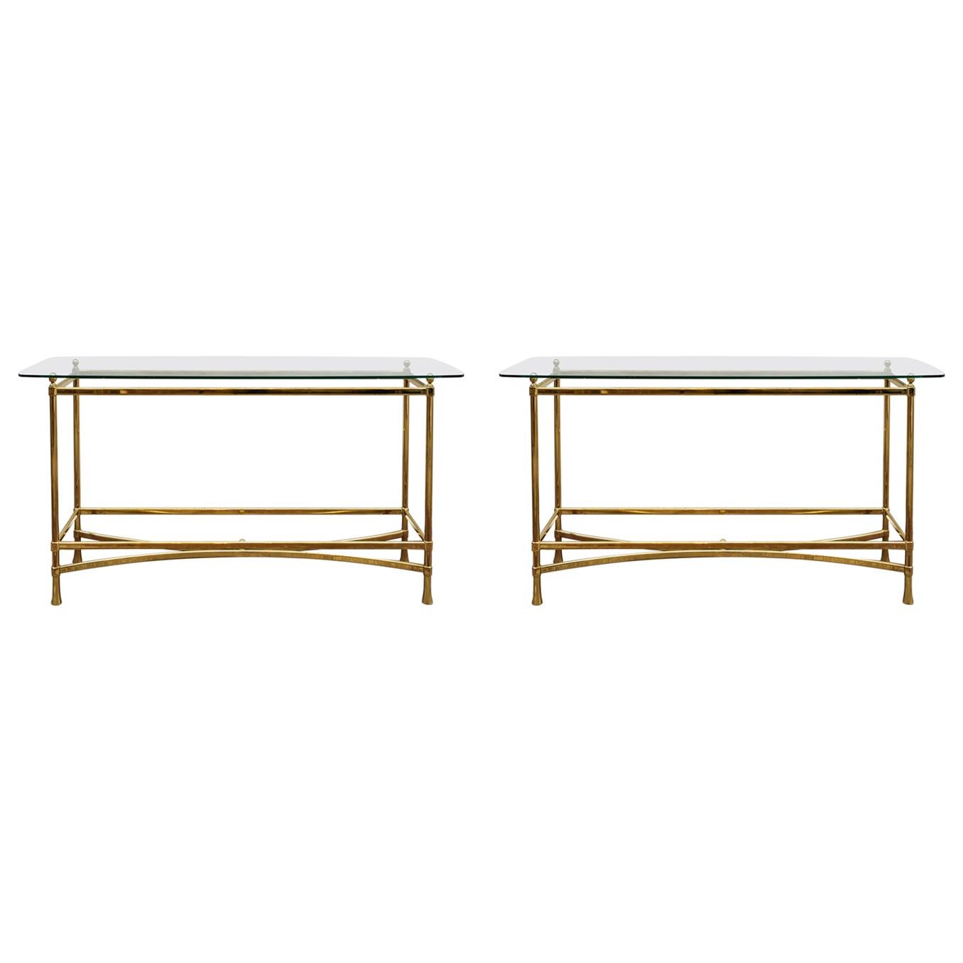 Pair of 1970s Brass and Glass Consoles