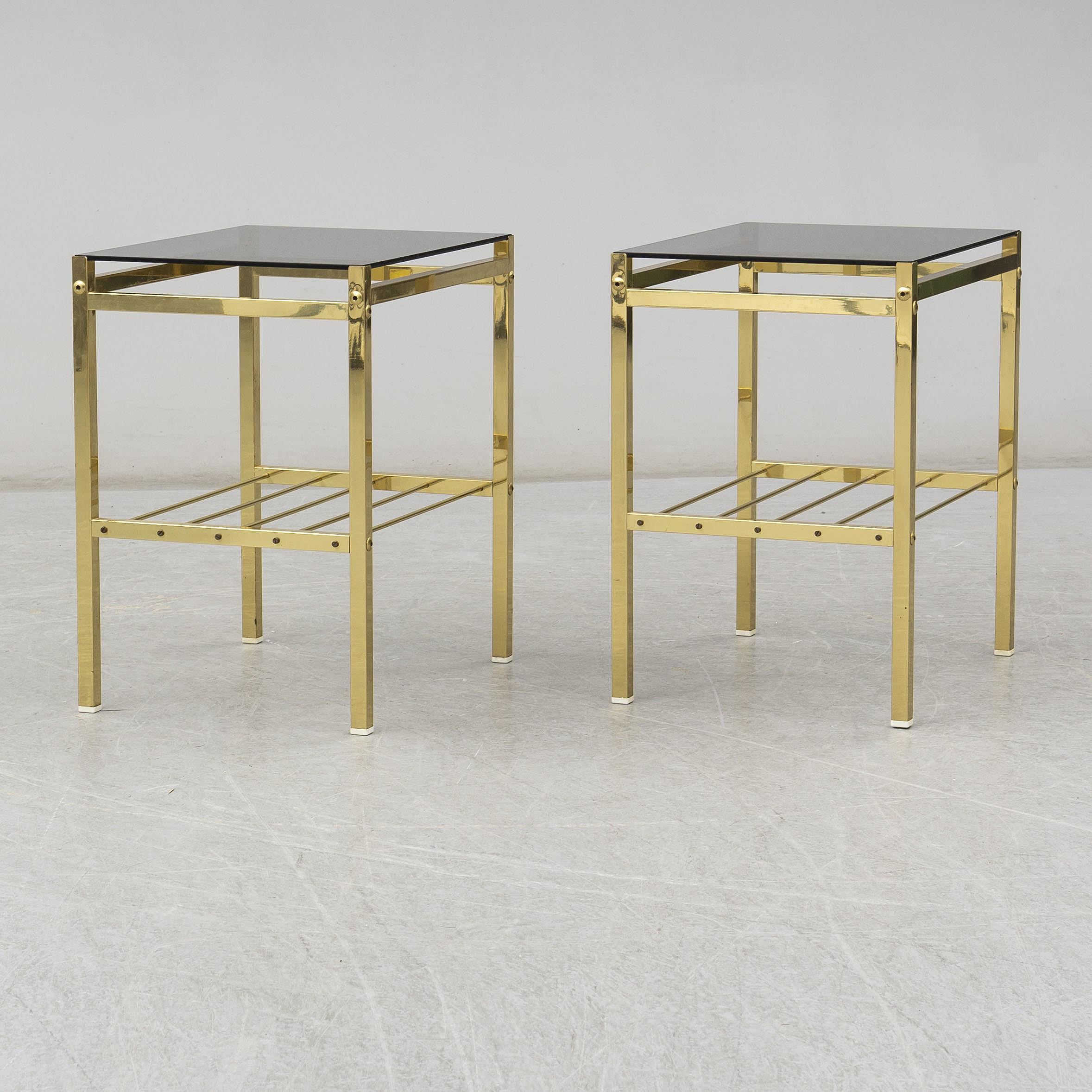 Pair of 1970s Brass and Smoked Glass Side Tables In Good Condition For Sale In New York, NY