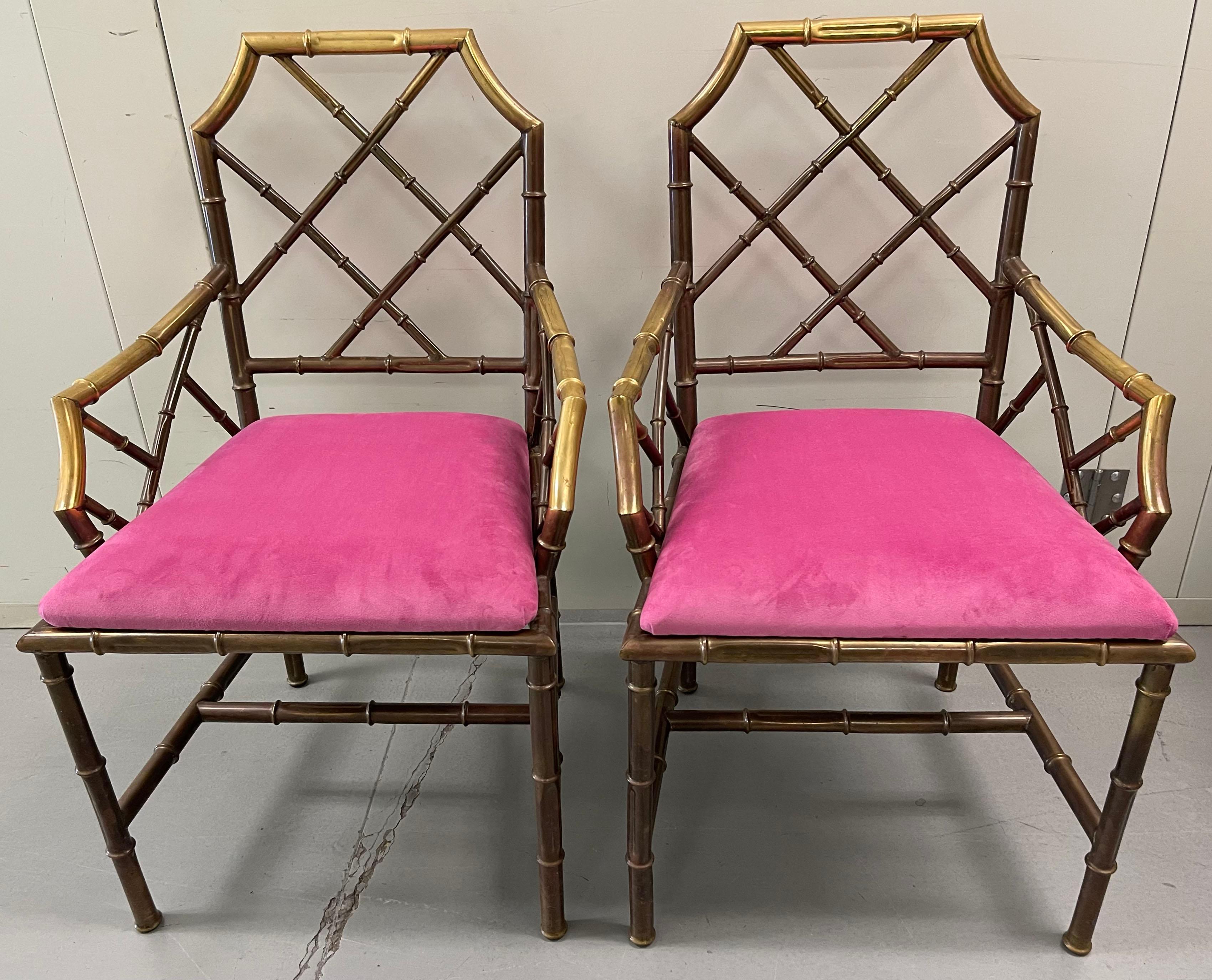 Pair of 1970s brass bamboo armchairs or dining chairs. Polished brass finish with all-over age related patina and wear. Newly upholstered in pink velvet fabric. Chairs are stamped Made in Italy on the underside.
Measures: Seat is 20