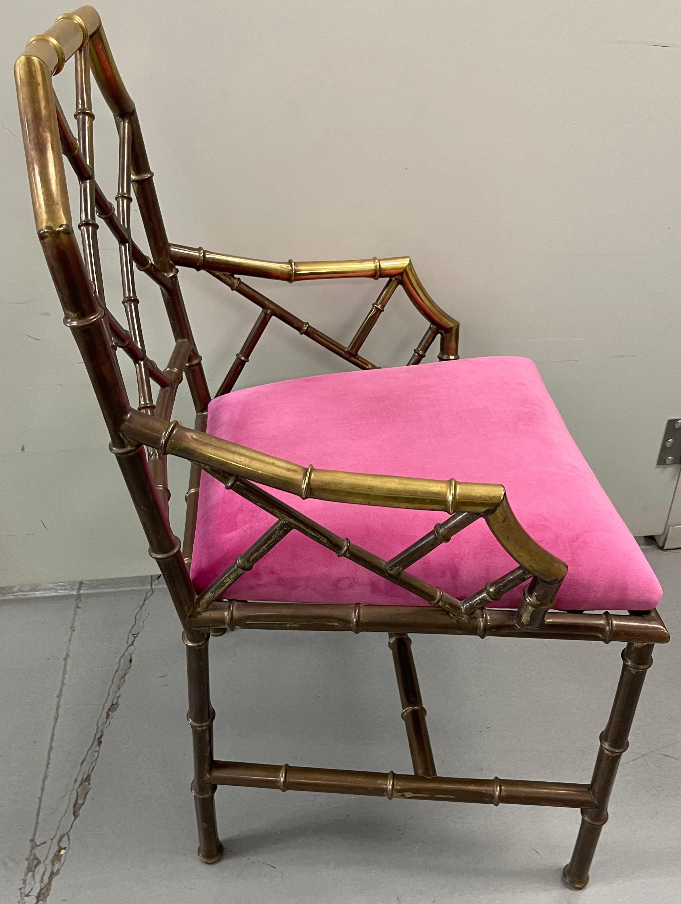 Polished Pair of 1970s Brass Chinoiserie Faux Bamboo Armchairs For Sale