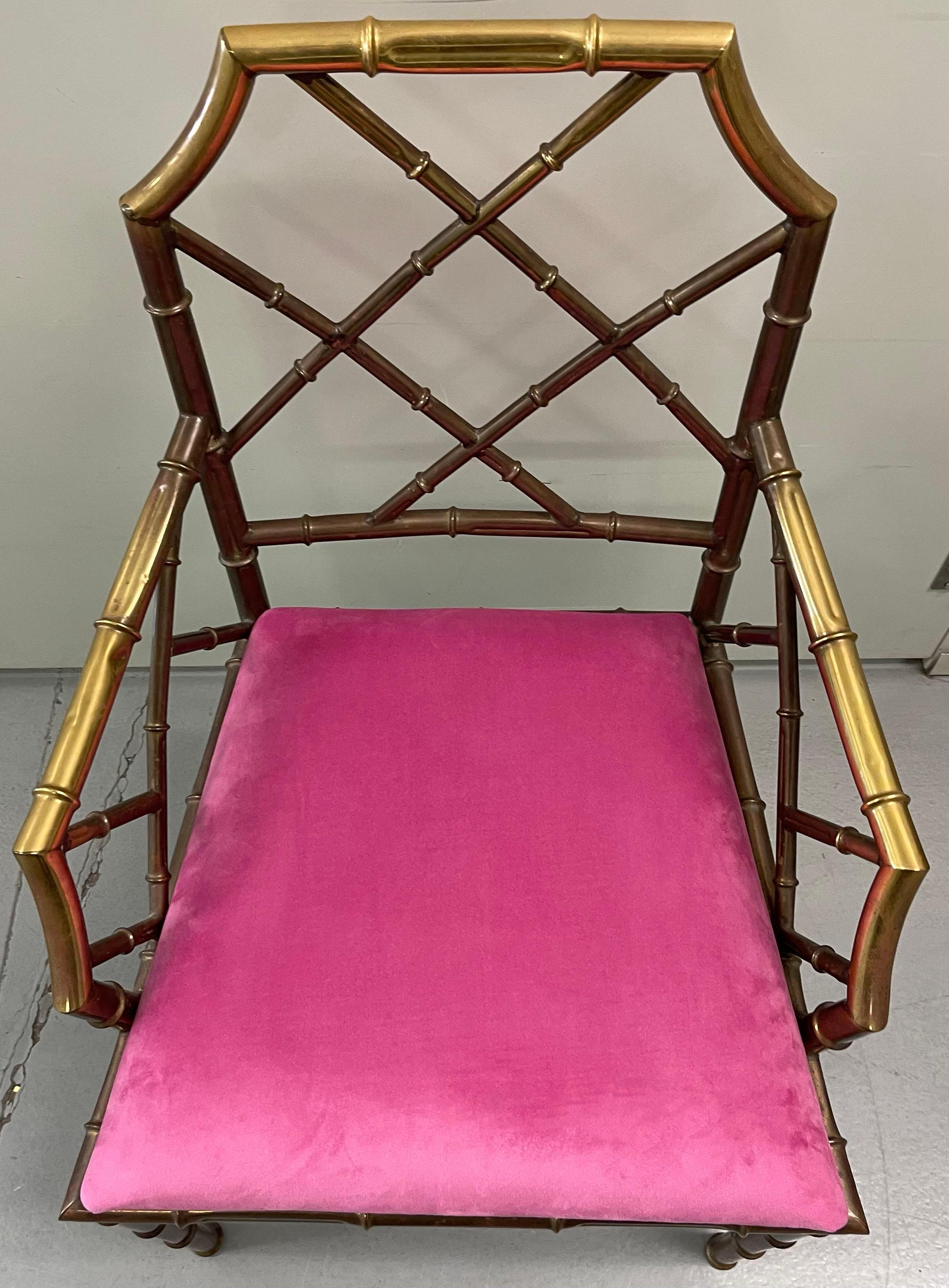 Late 20th Century Pair of 1970s Brass Chinoiserie Faux Bamboo Armchairs For Sale