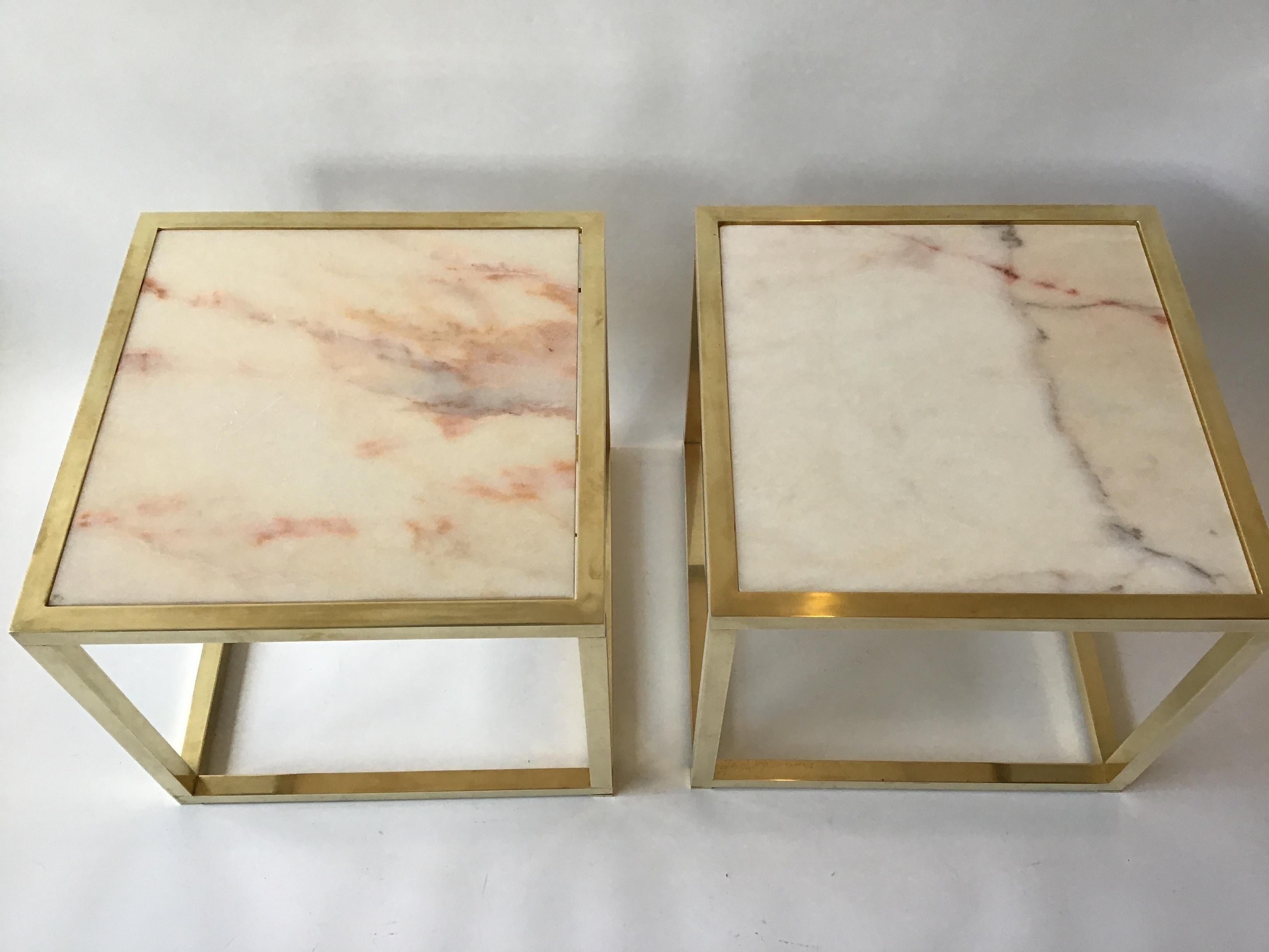 Pair of 1970s solid brass cube tables, with marble tops. Tables have just been polished. Out of a Greenwich, Connecticut estate.