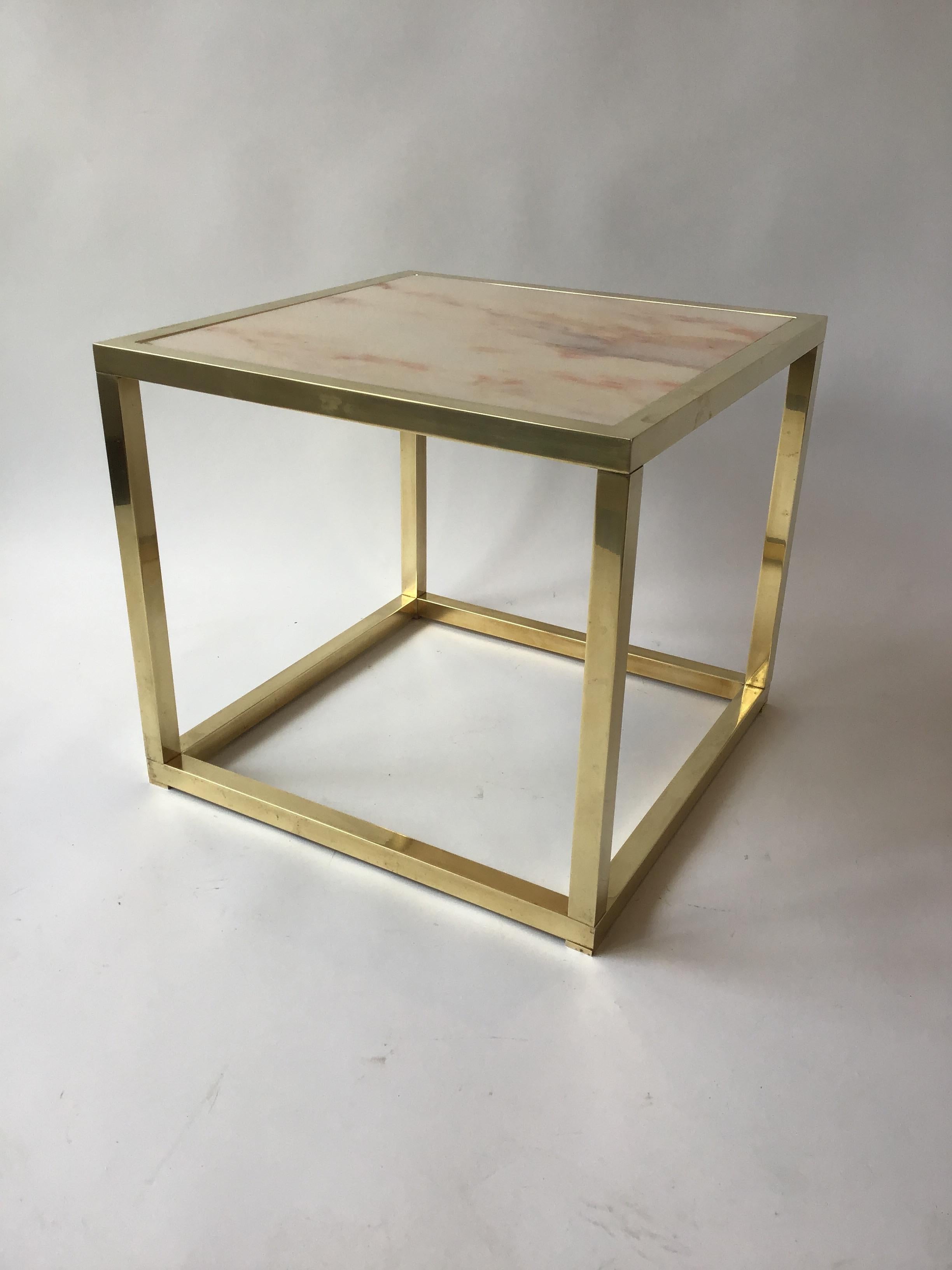 Pair of 1970s Brass Cube Tables with Marble Tops In Good Condition In Tarrytown, NY