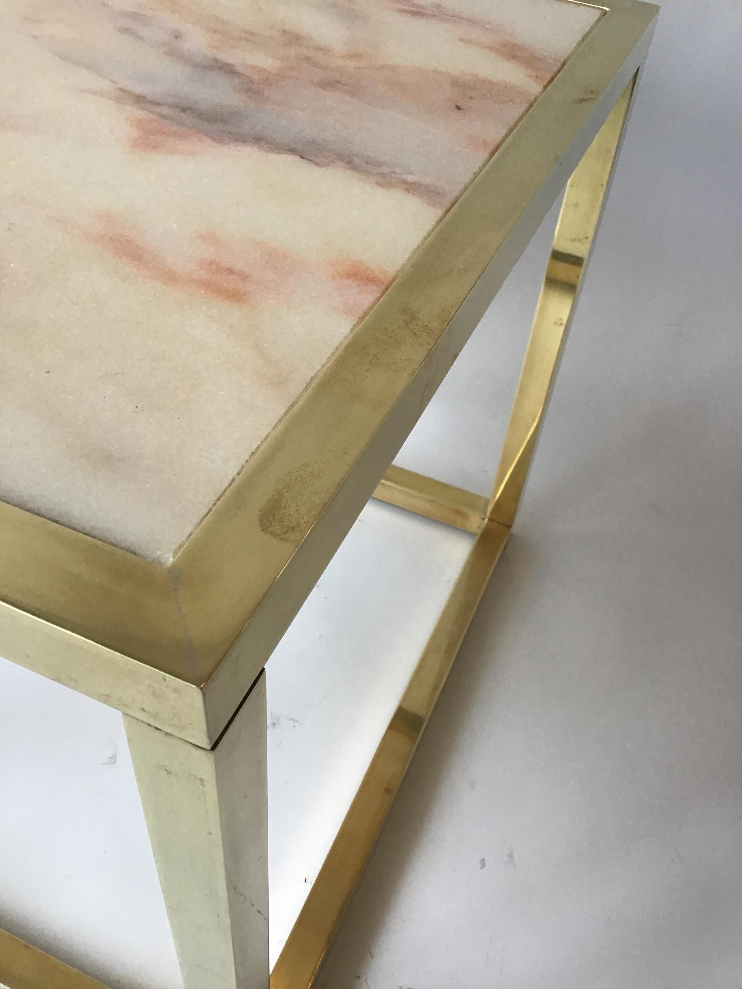 Pair of 1970s Brass Cube Tables with Marble Tops 1