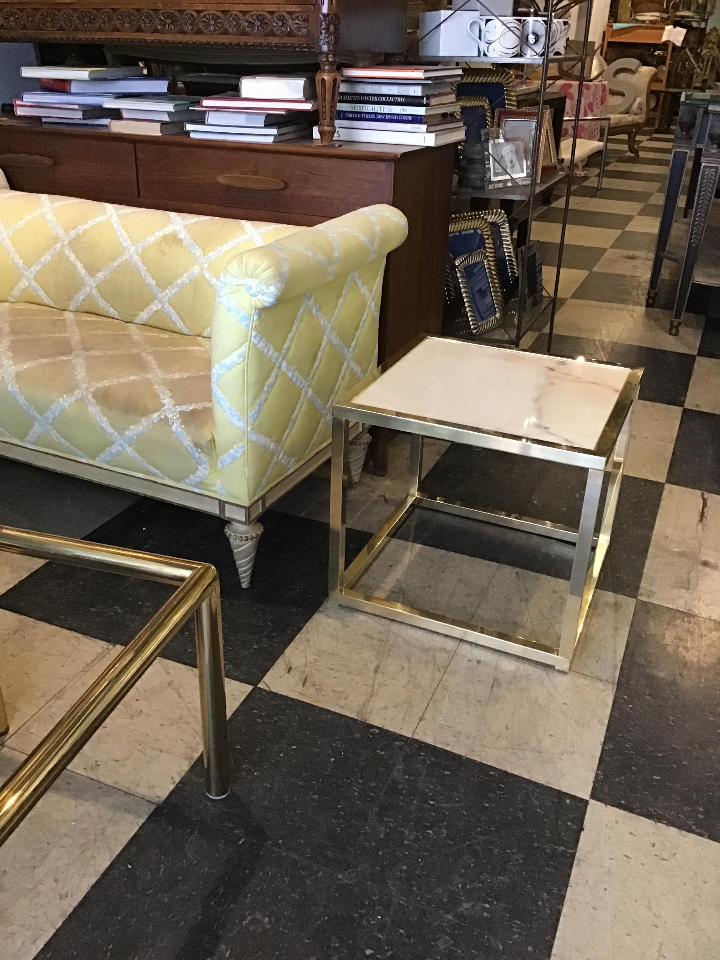 Pair of 1970s Brass Cube Tables with Marble Tops 3