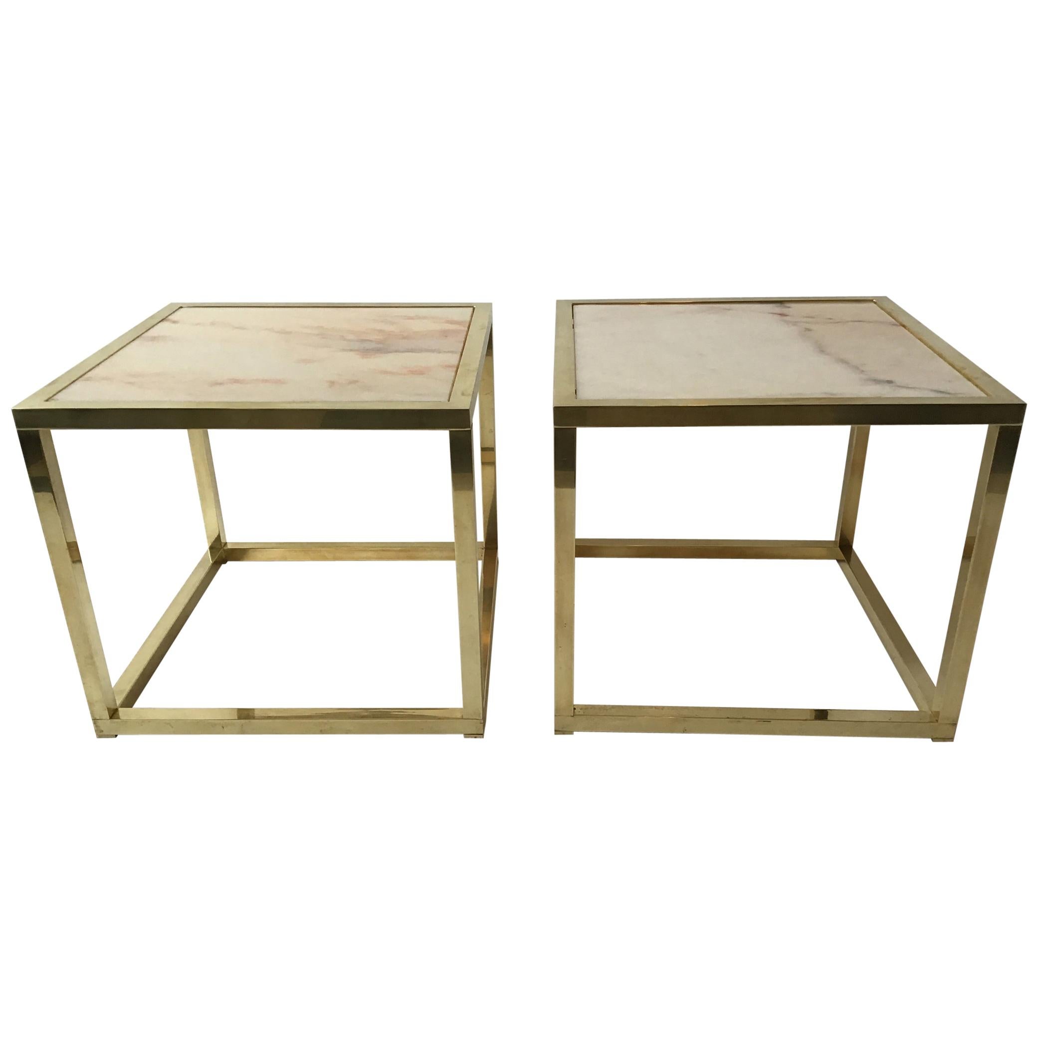Pair of 1970s Brass Cube Tables with Marble Tops