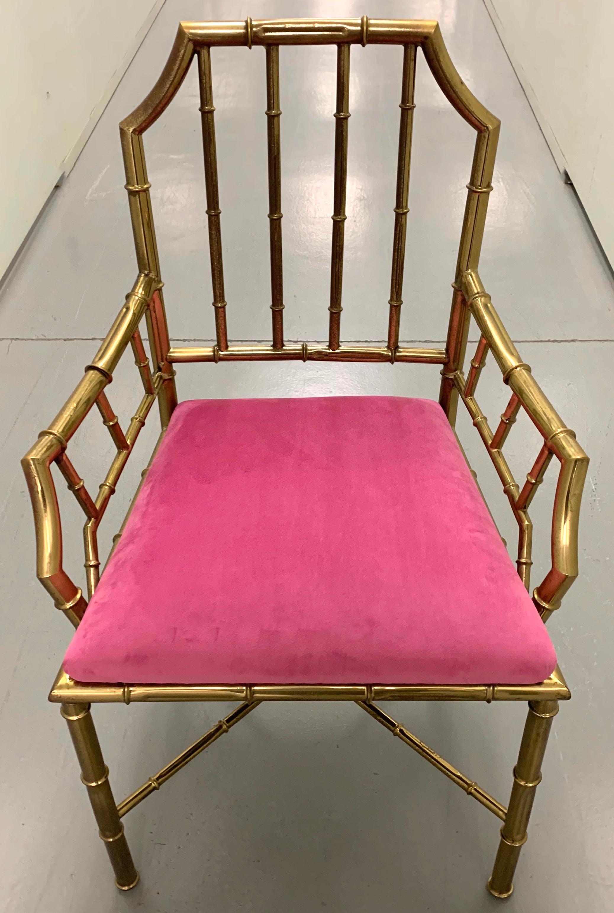 American Pair of 1970s Brass Faux Bamboo Armchairs