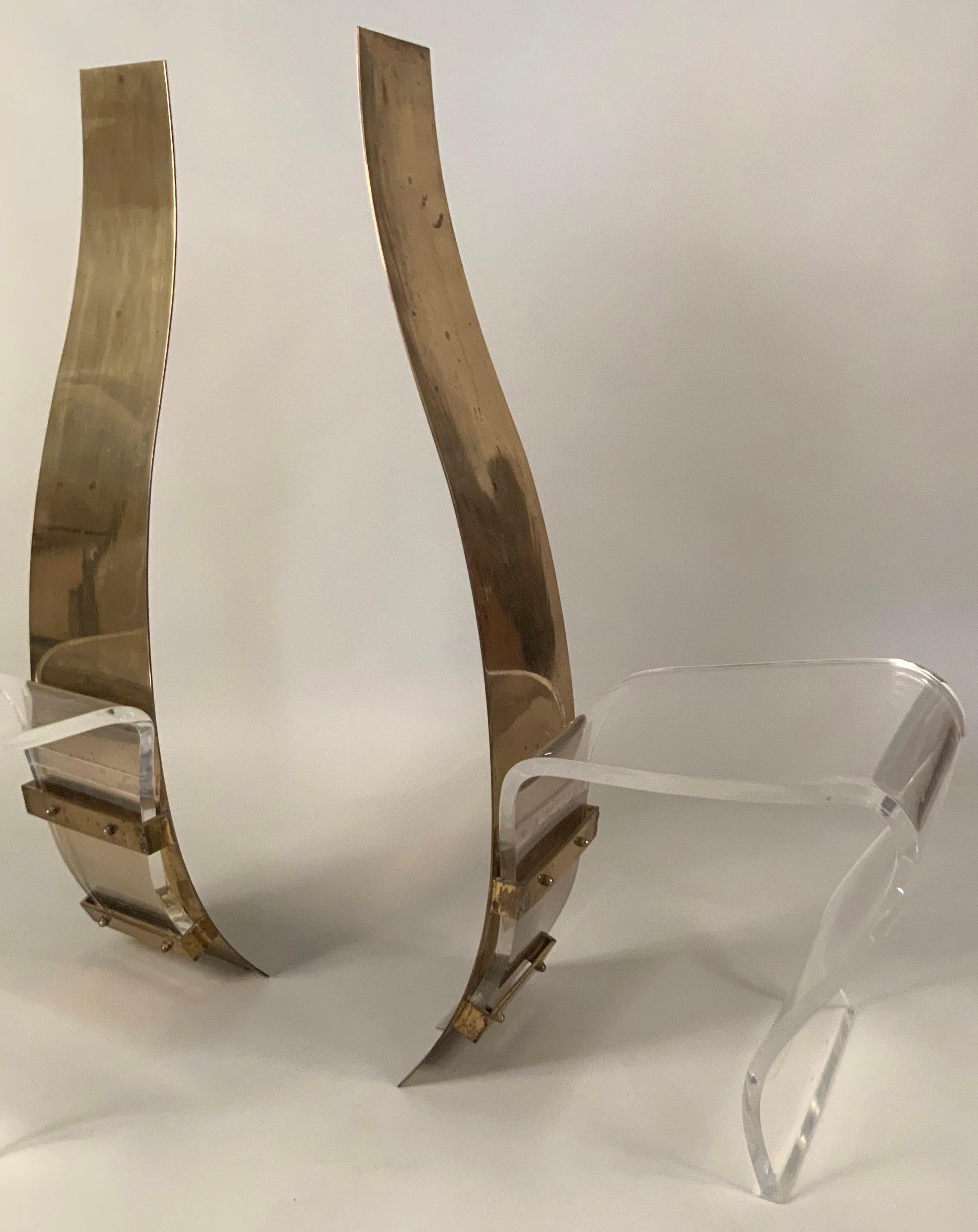 American Pair of 1970s Brass, Steel and Lucite Chairs