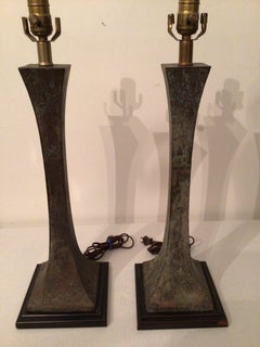 Pair of 1970s Bronze Fluted Table Lamps on Wood Base