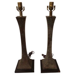Pair of 1970s Bronze Fluted Table Lamps on Wood Base