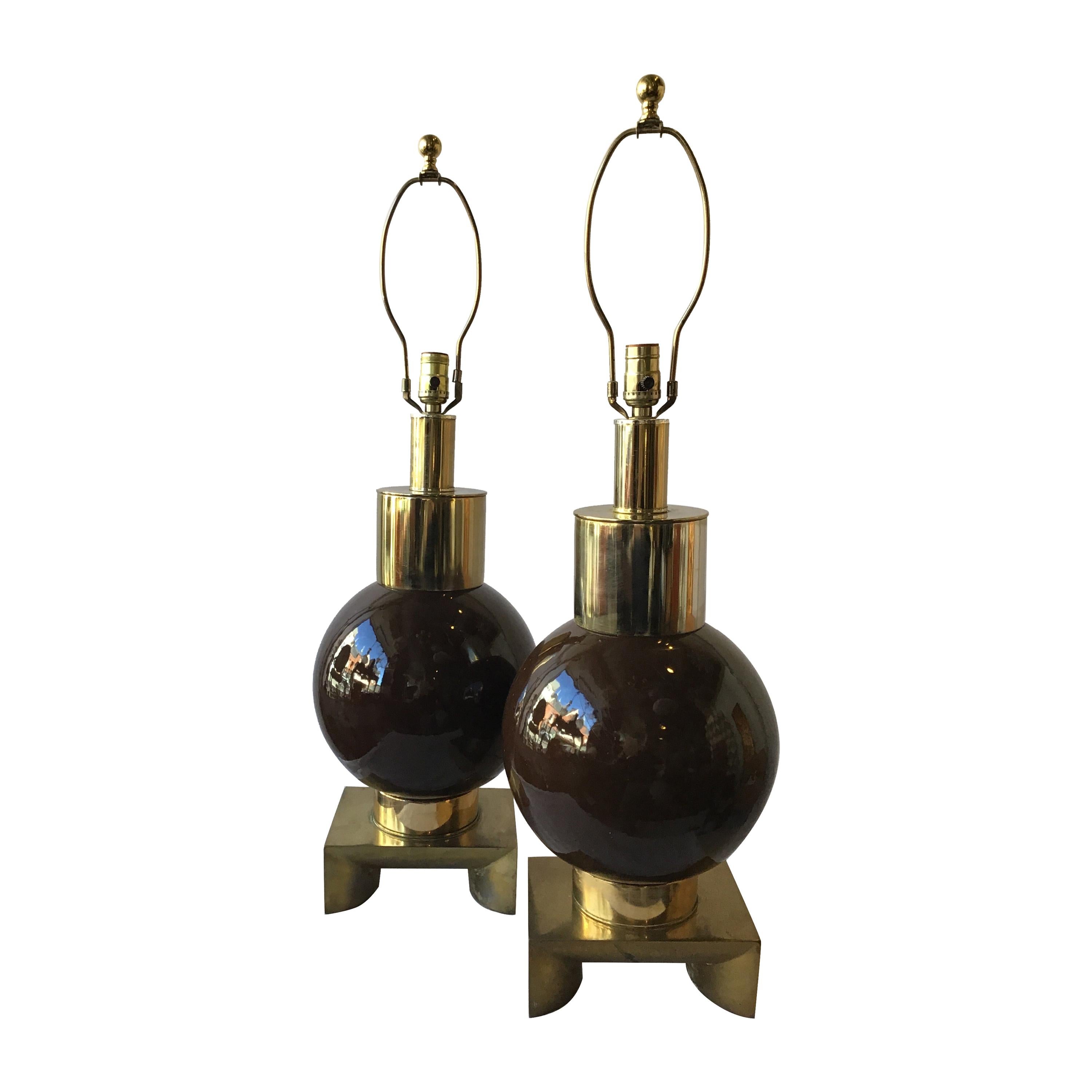 Pair of 1970s Brown Ceramic Ball Shaped Lamps on Brass Bases by Laurel