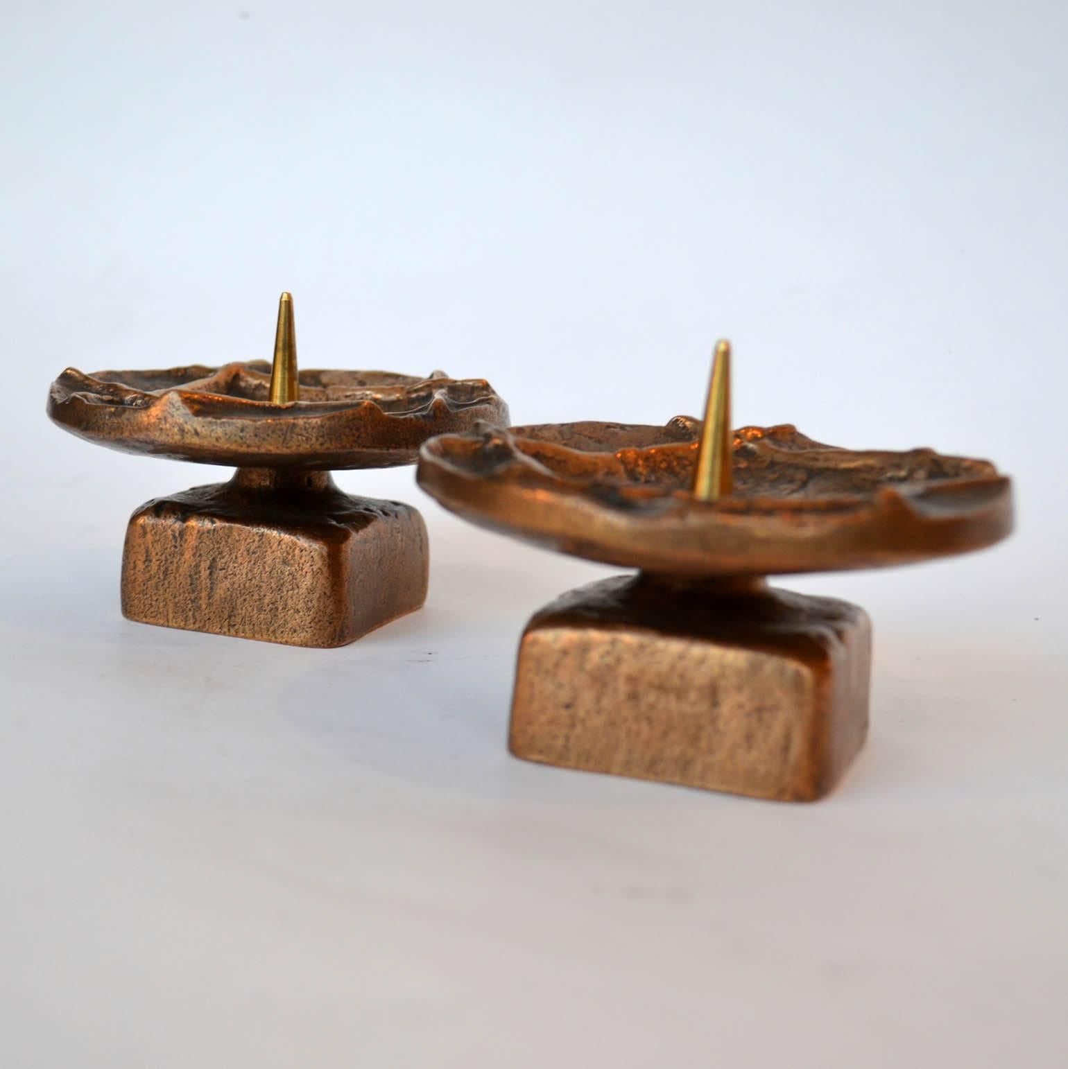 Cast Pair of 1970s Brutalist Bronze Candle Holders For Sale