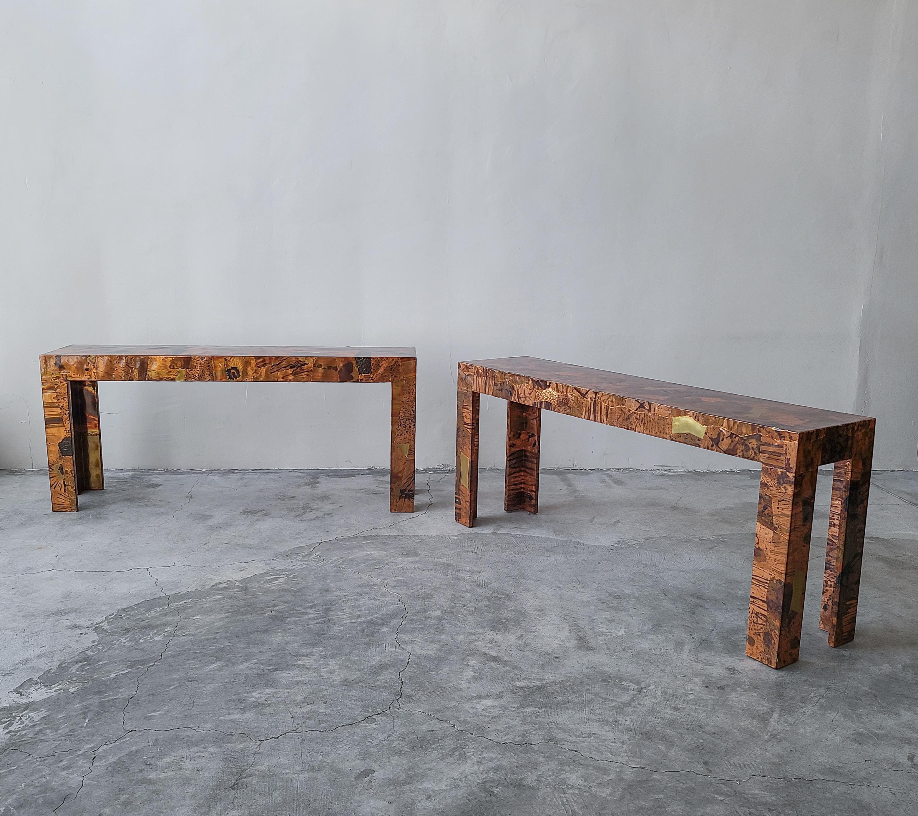 Pair of 1970s Brutalist Copper Patchwork Console Tables In Good Condition In Las Vegas, NV