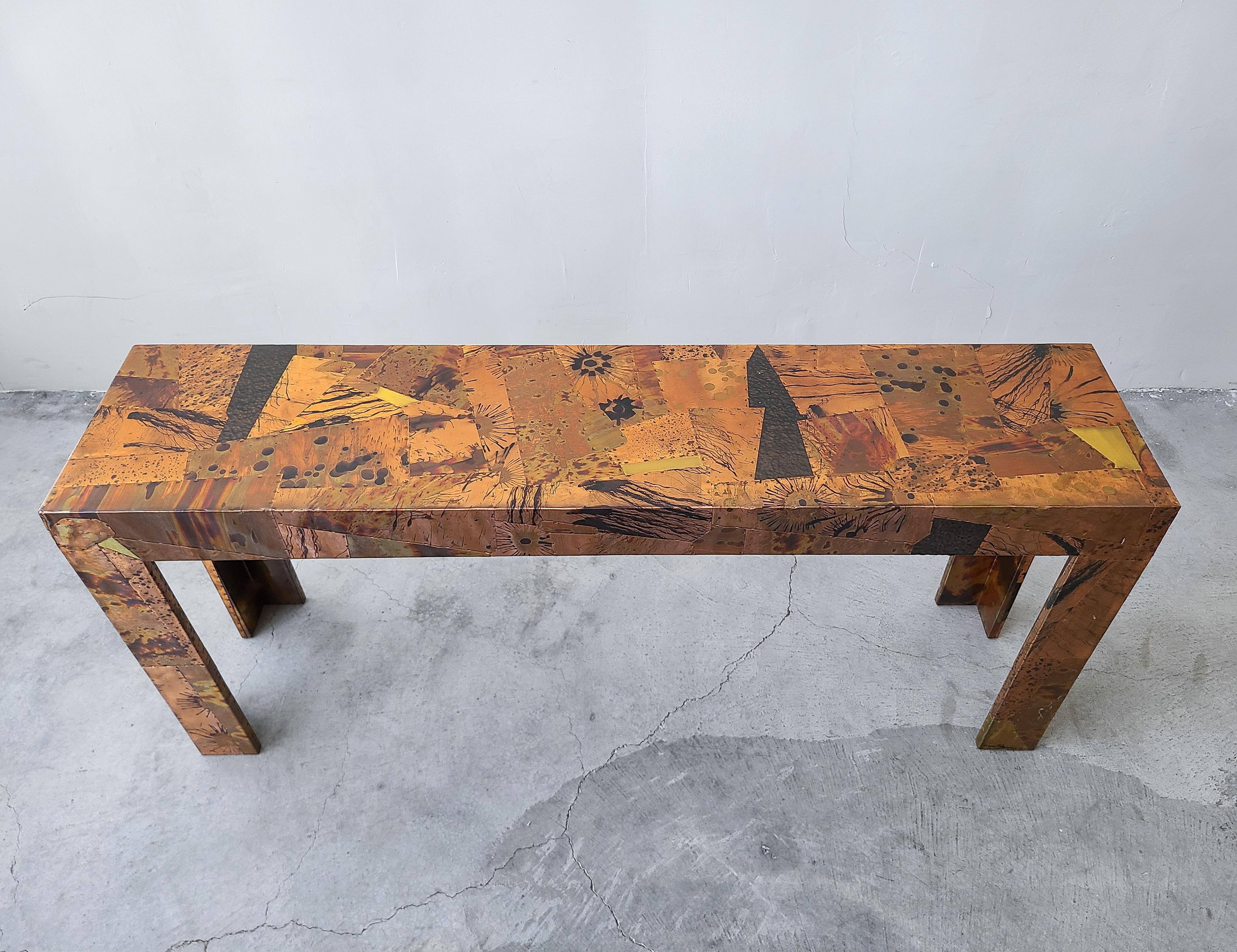 Pair of 1970s Brutalist Copper Patchwork Console Tables 1