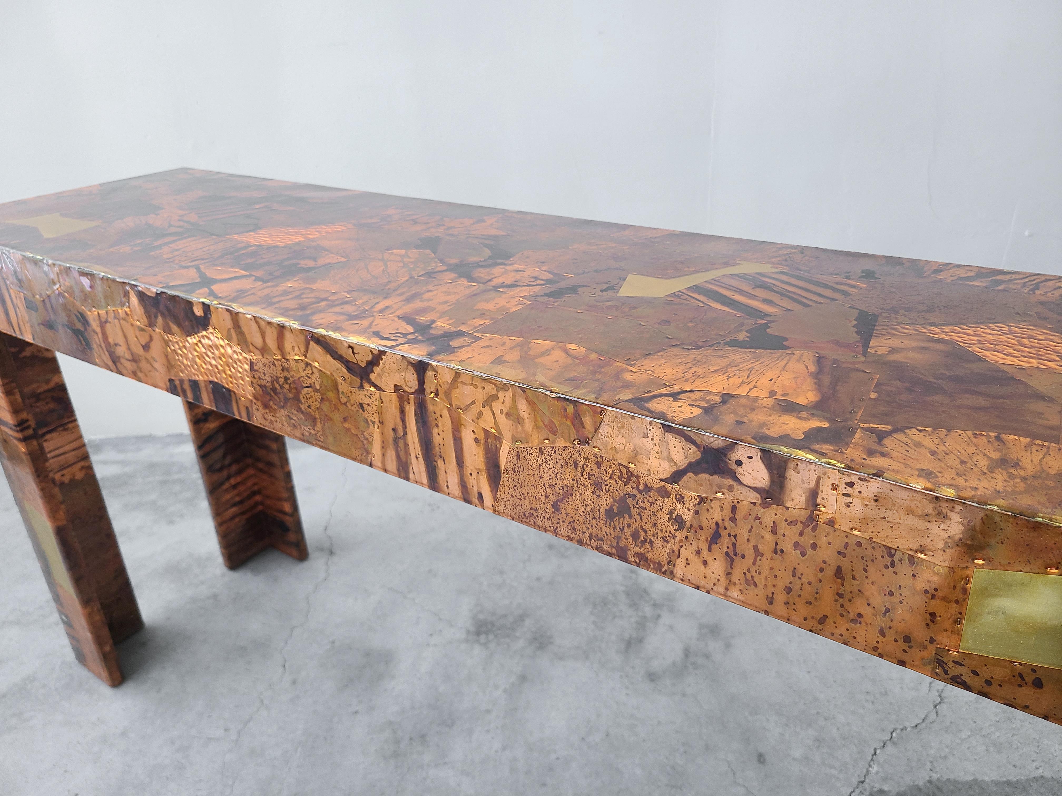 Pair of 1970s Brutalist Copper Patchwork Console Tables 2