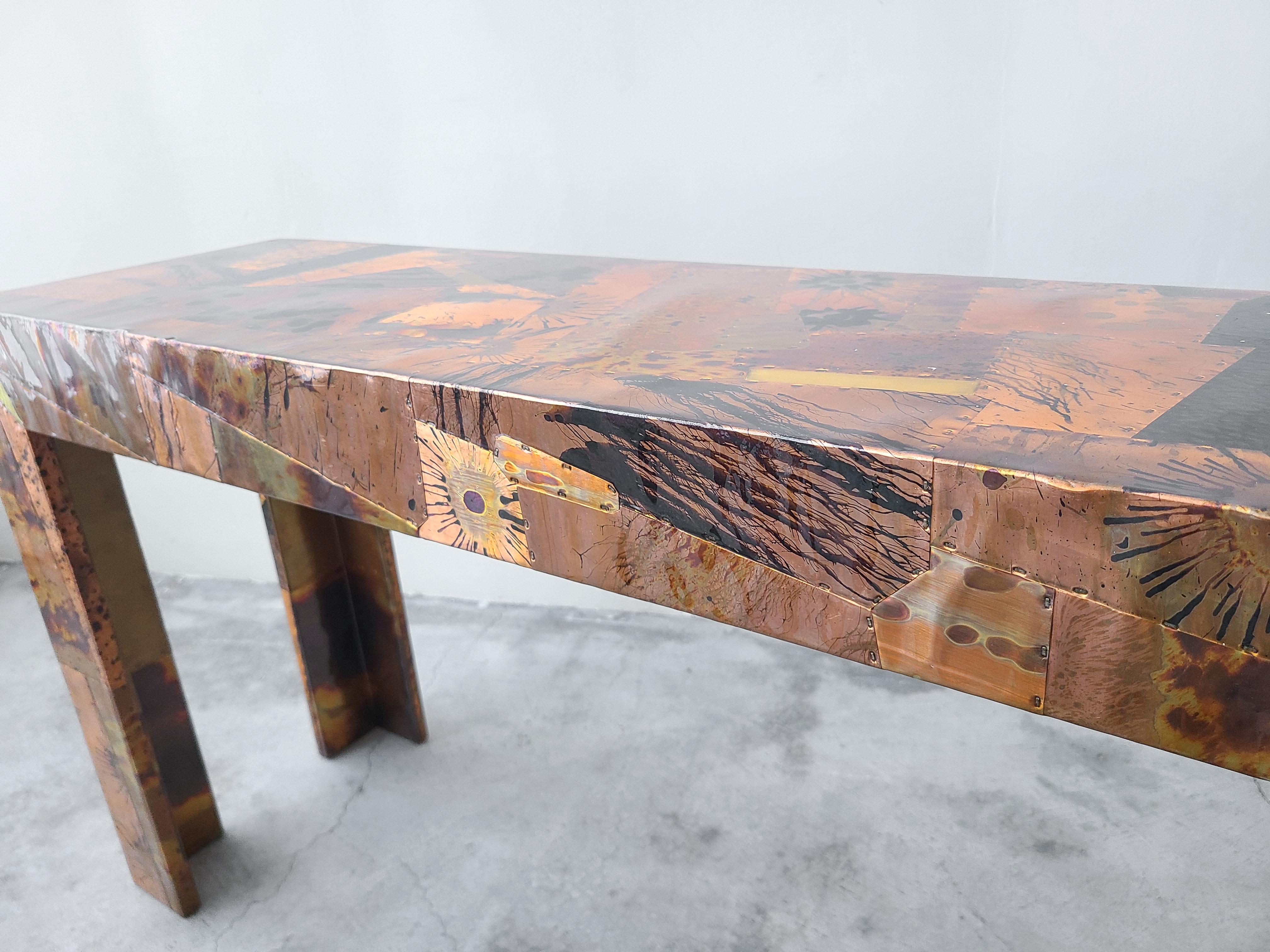 Pair of 1970s Brutalist Copper Patchwork Console Tables 3