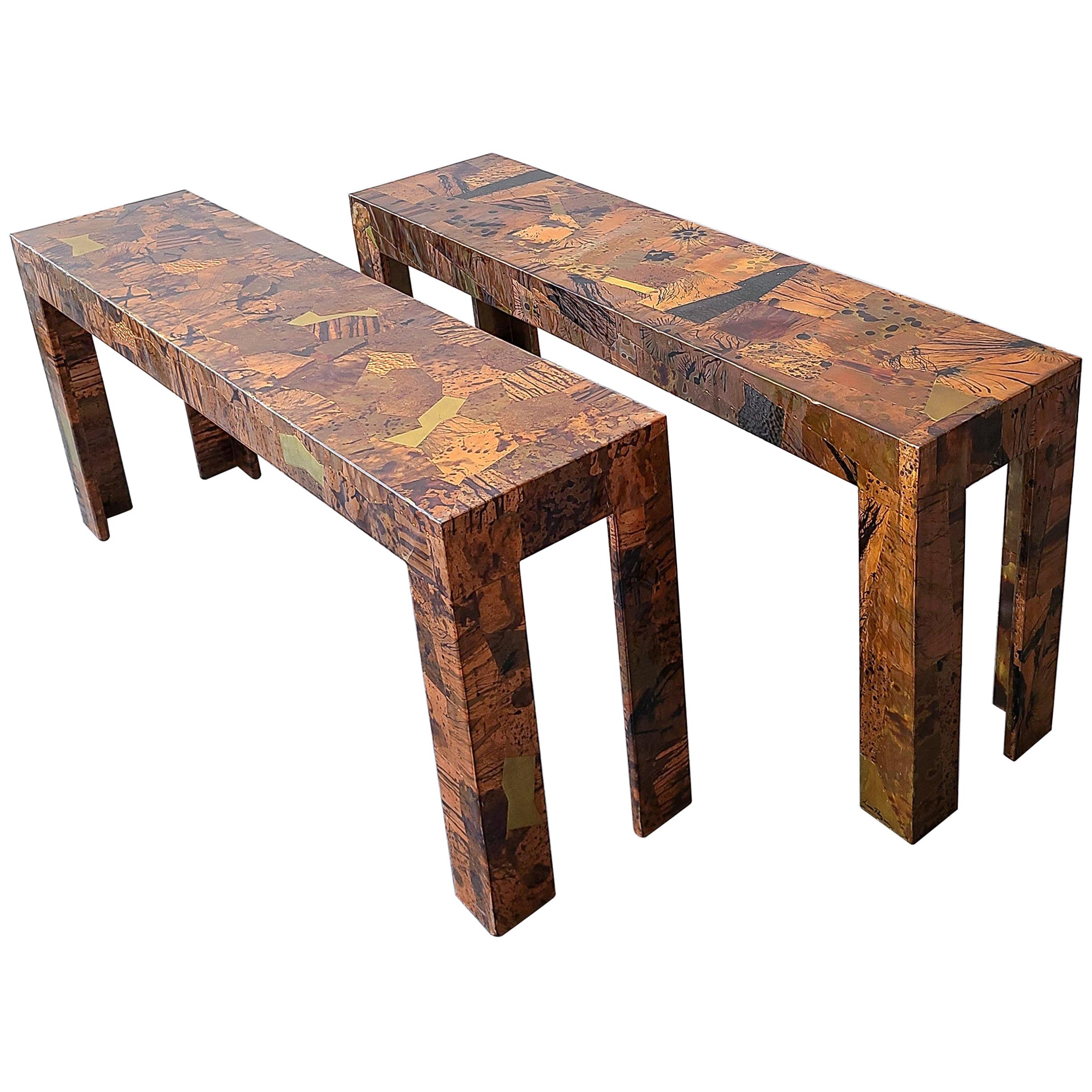 Pair of 1970s Brutalist Copper Patchwork Console Tables