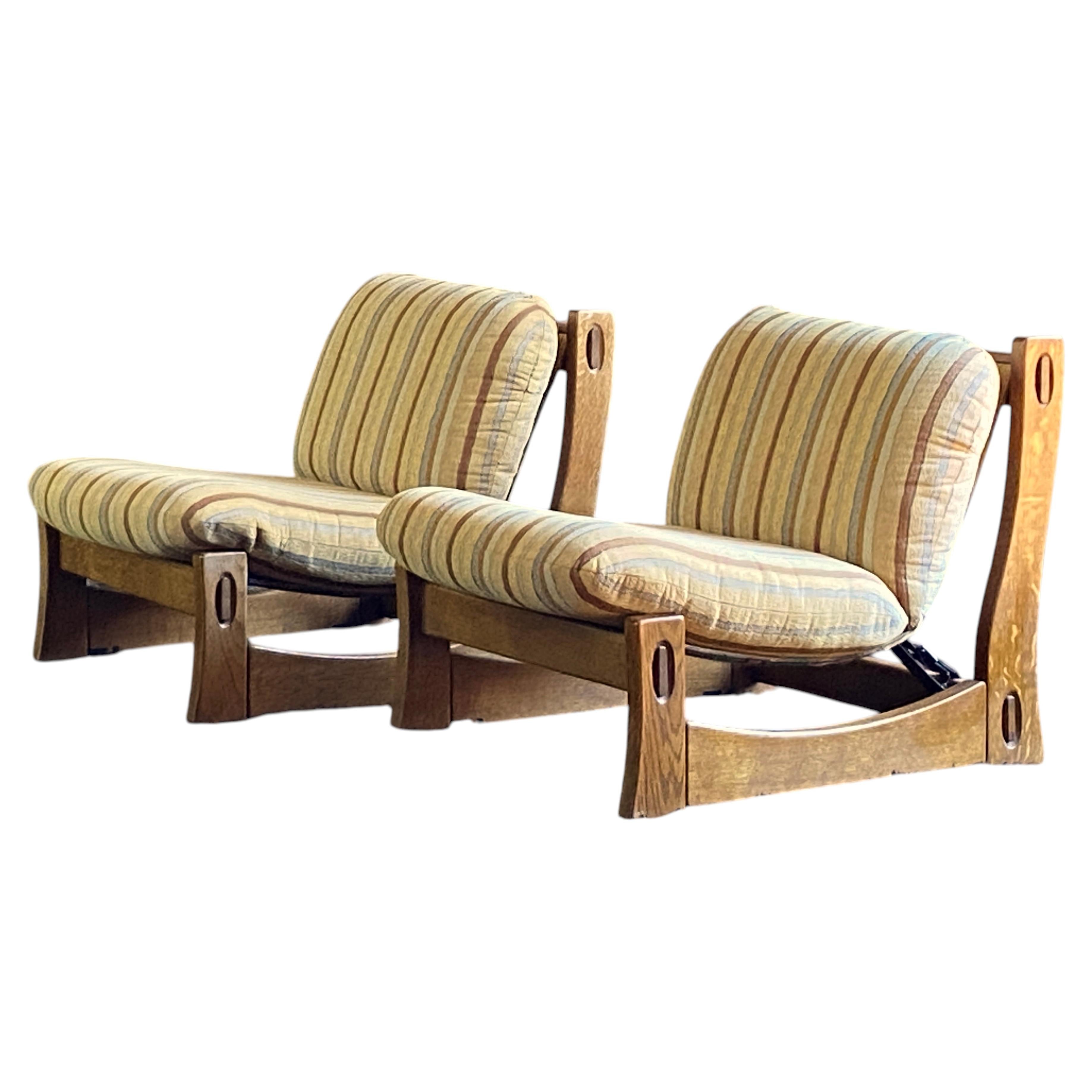 Pair of 1970's Brutalist oak sling lounge chairs - Carl Straub