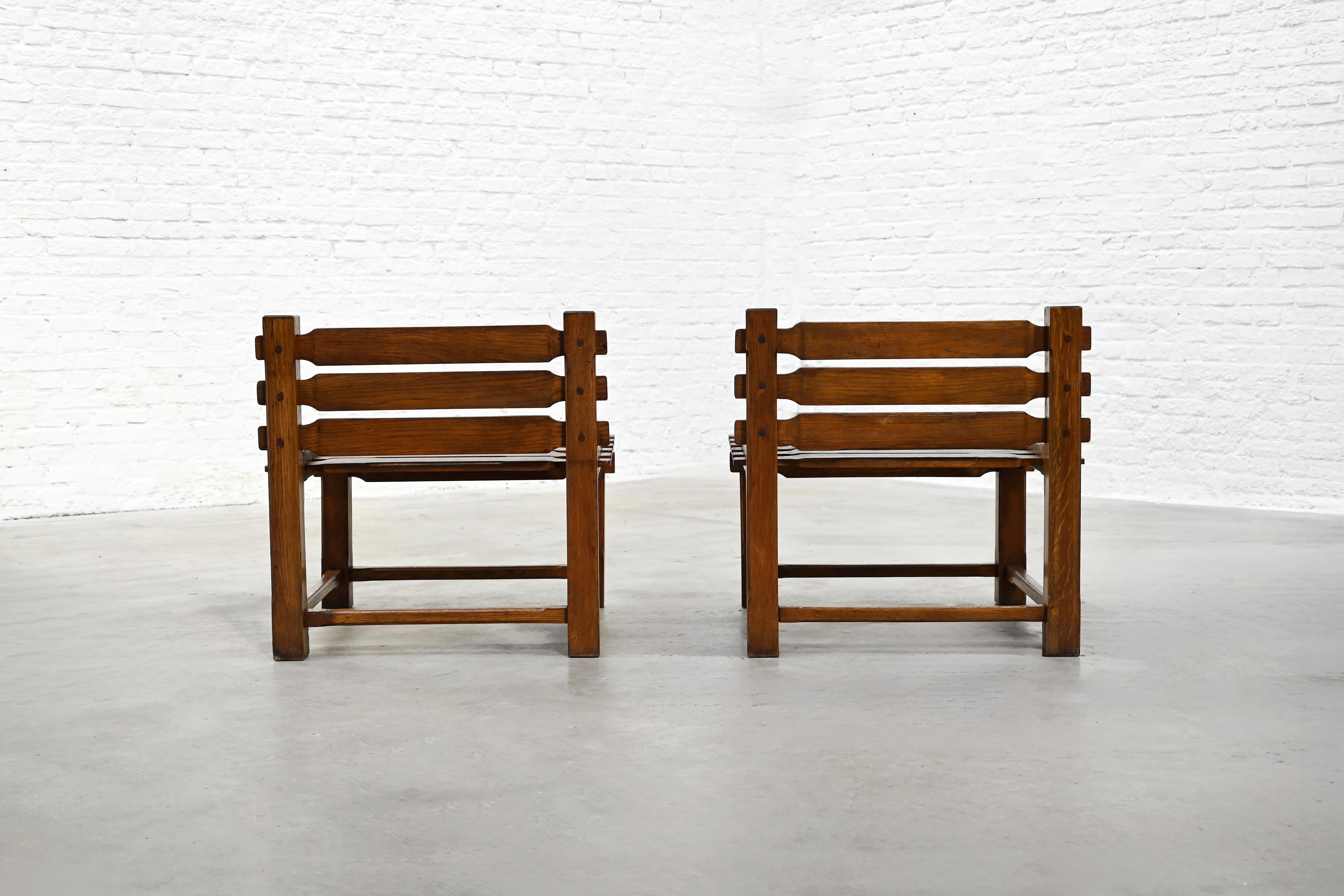 Pair of 1970s Brutalist Solid Oak Side Chairs For Sale 5