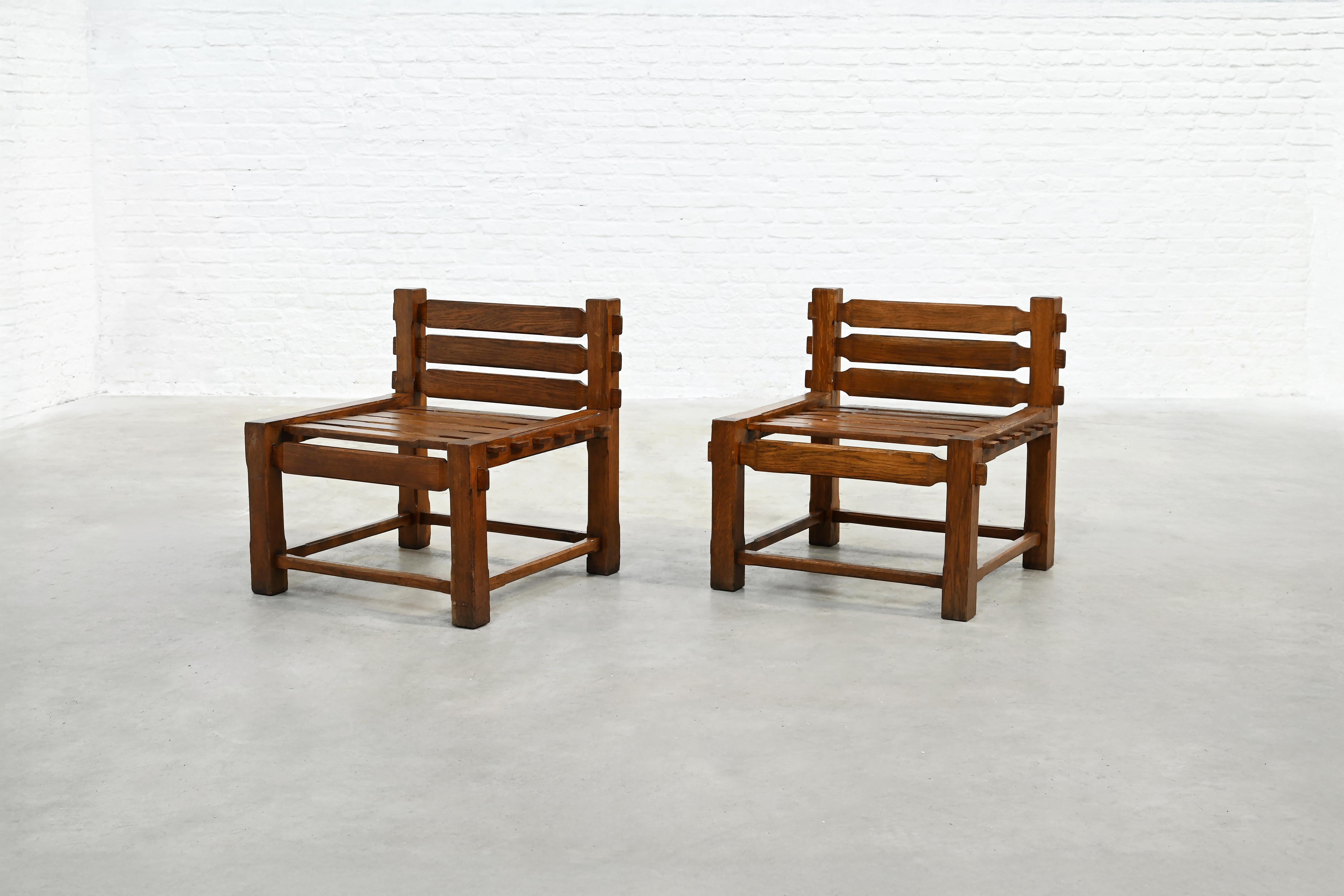 Late 20th Century Pair of 1970s Brutalist Solid Oak Side Chairs For Sale