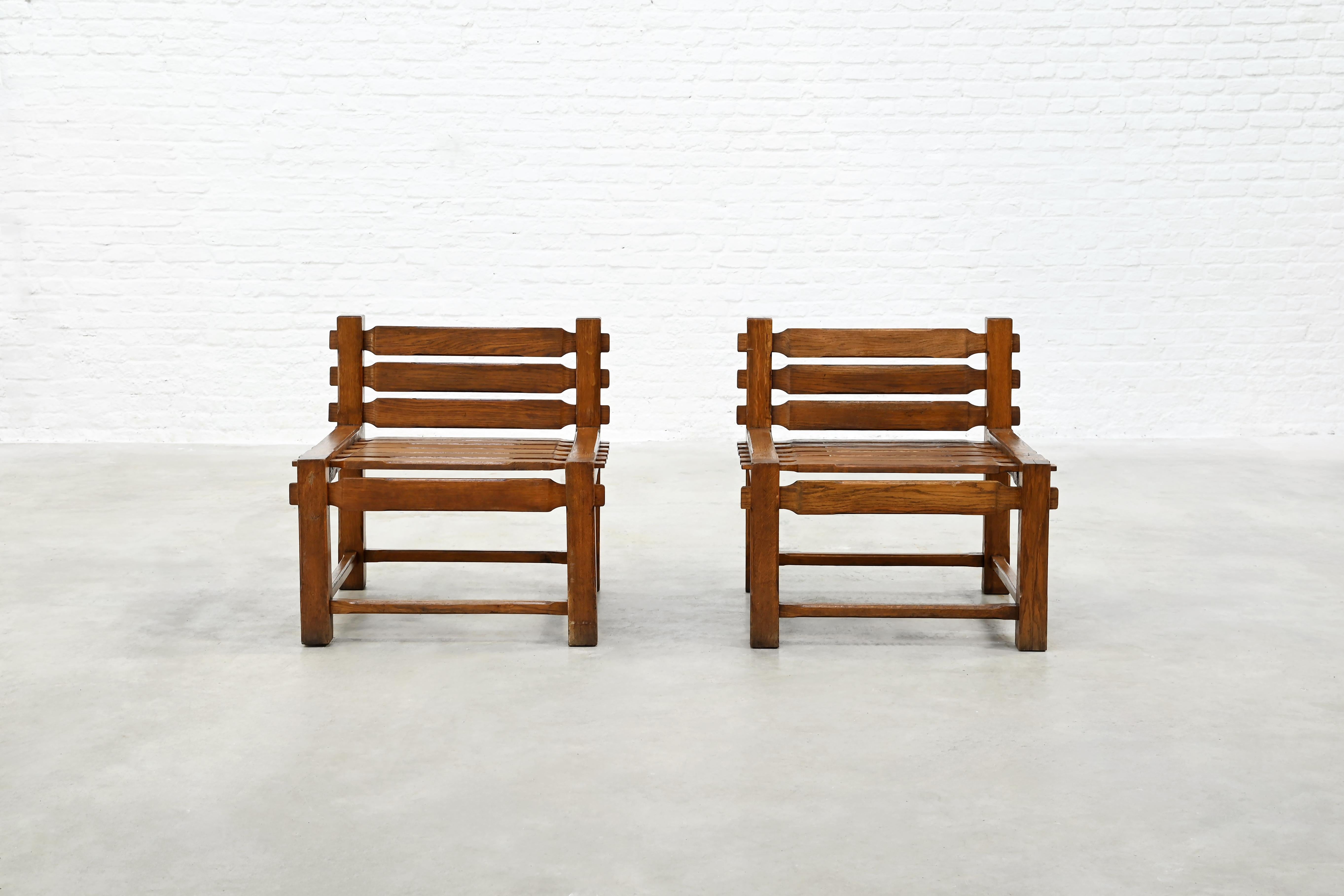 Wood Pair of 1970s Brutalist Solid Oak Side Chairs For Sale