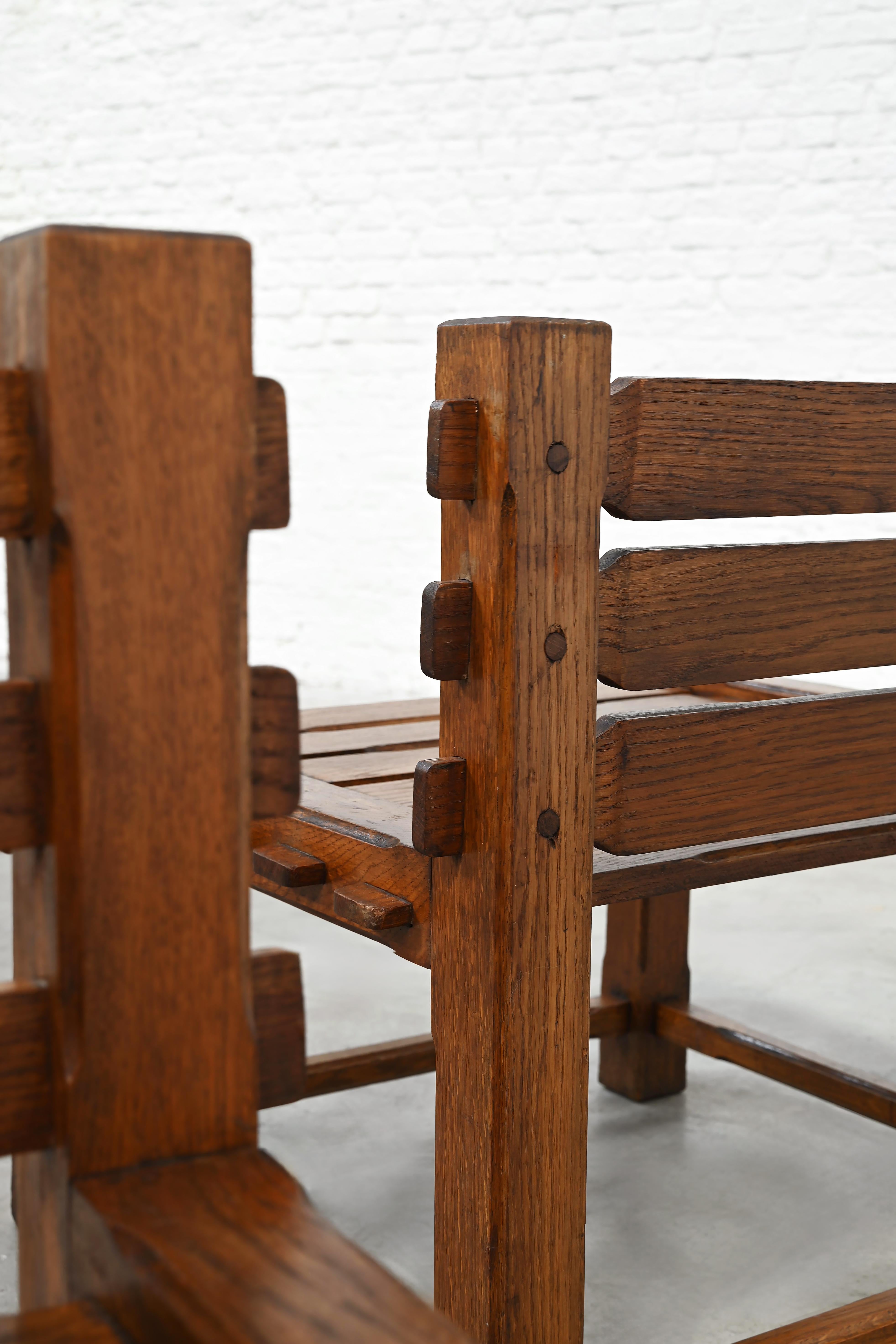 Pair of 1970s Brutalist Solid Oak Side Chairs For Sale 3