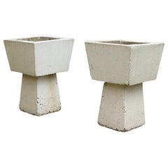 Pair of 1970s Brutalist Square Concrete Planters Midcentury