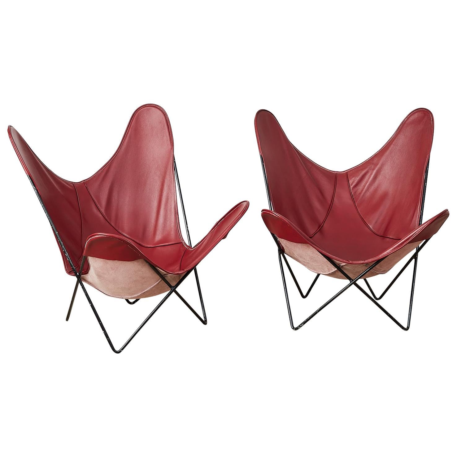 Pair of 1970s Burgundy Leather 'Butterfly' Chairs