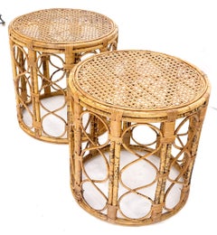 Pair of 1970s Burnt Bamboo Round Cane Tops Side End Tables Stands MINT!