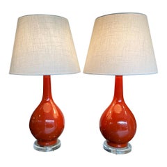 Pair of 1970s Burnt Orange Ceramic Lamps with Lucite Base and Brass Fittings