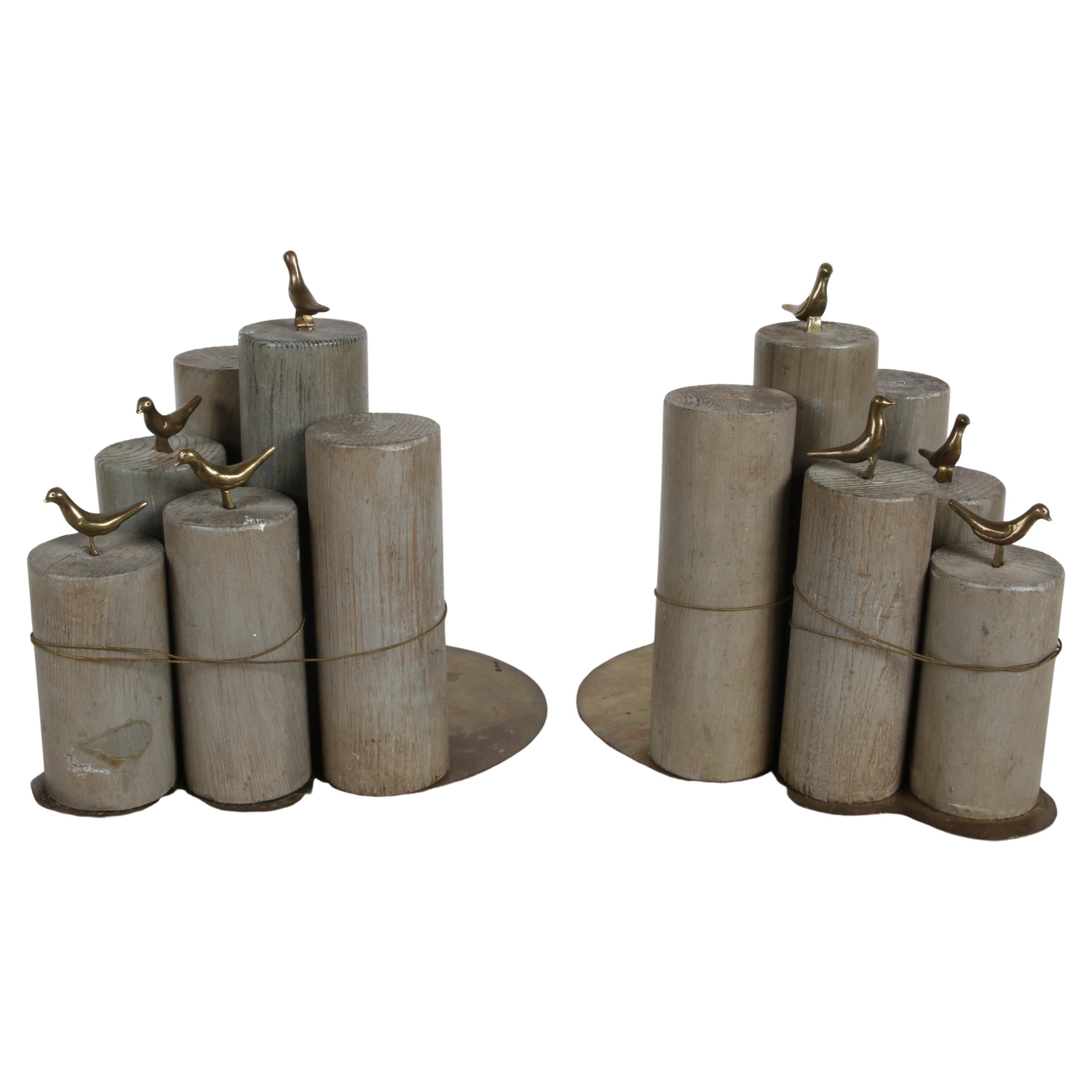 Pair of 1970s C. Jeré Nautical Ocean Pier Wood Pylons 
Brass Seagull Bookends For Sale