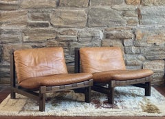 Pair of 1970's Carl Straub Brutalist pine and leather Lounge chairs