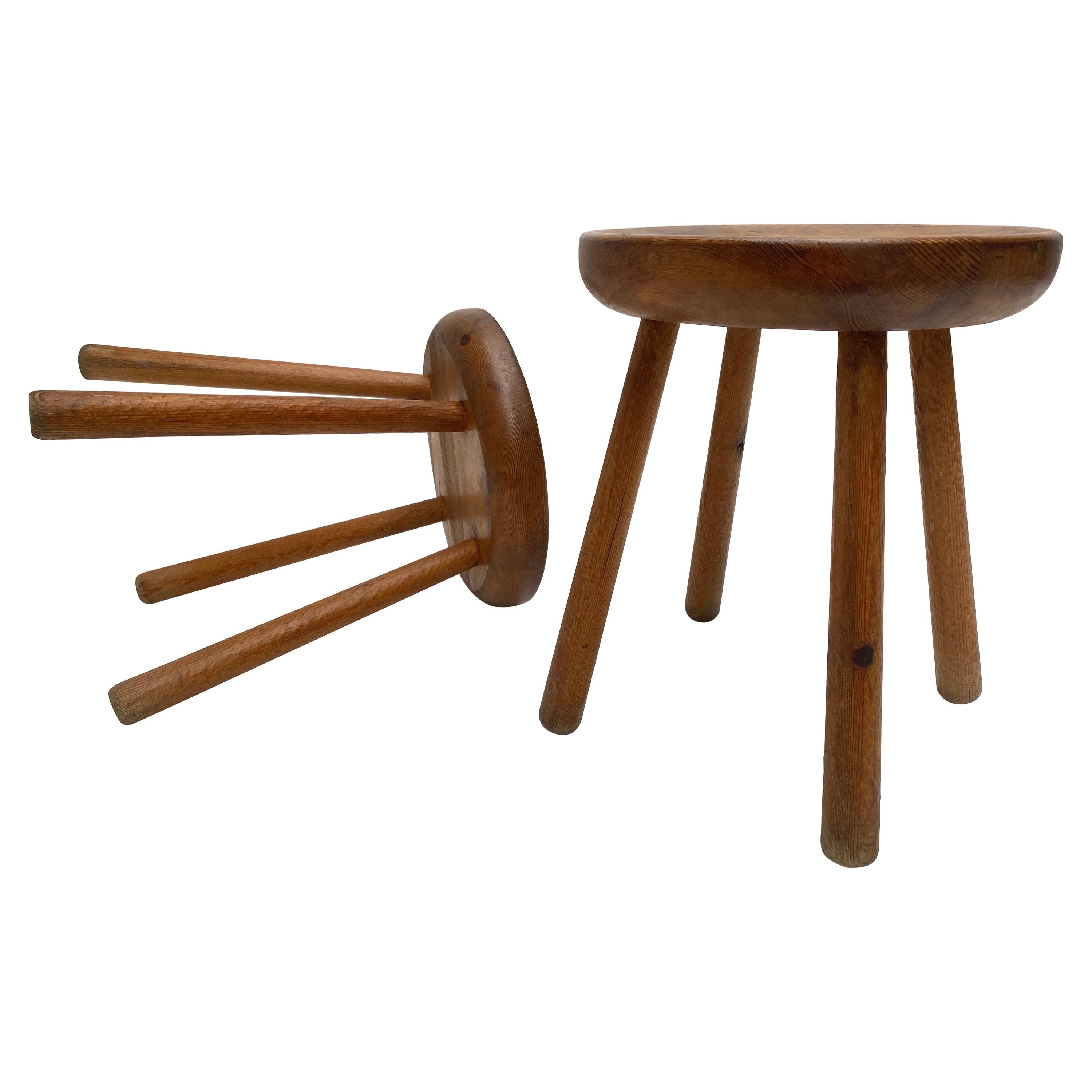 Pair of 1970s Carved Solid Pinewood Stools in the Style off Charlotte Perriand