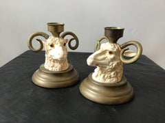 Pair of 1970s Ceramic and Brass Ram Candlesticks