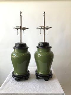 Pair of 1970s Ceramic Olive Green Ginger Jar Table Lamps
