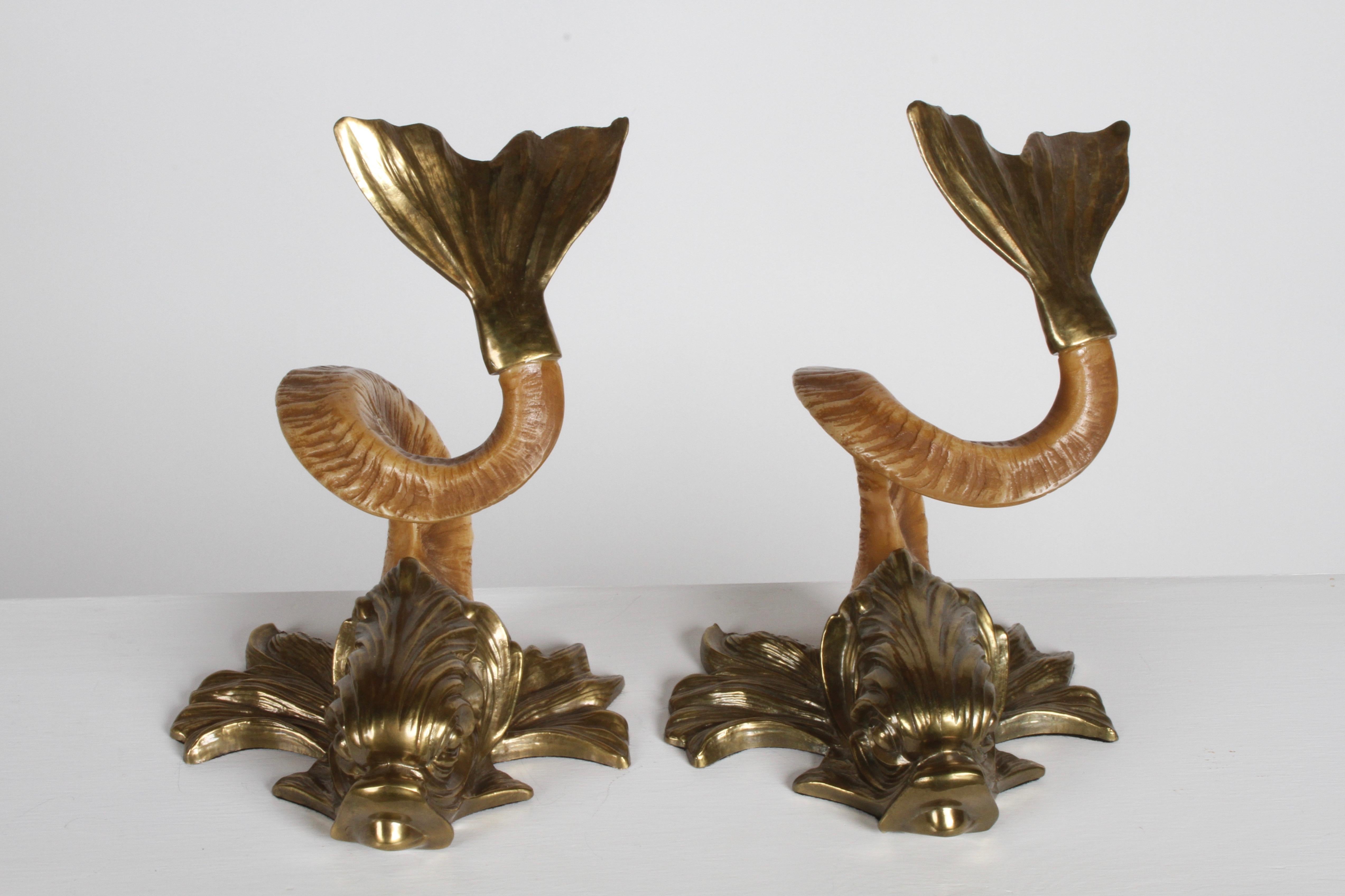 Pair of 1970s Chapman Hollywood Regency decorative brass and faux ram Horn Koi fish, sculptures or bookends. Missing label, but guaranteed authentic, have matching table lamp from same one owner estate with label. In fine condition.