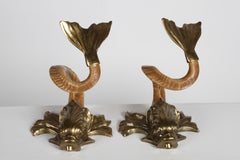 Pair of 1970s Chapman Brass and Faux Ram Horn Koi Fish Sculptures or Bookends