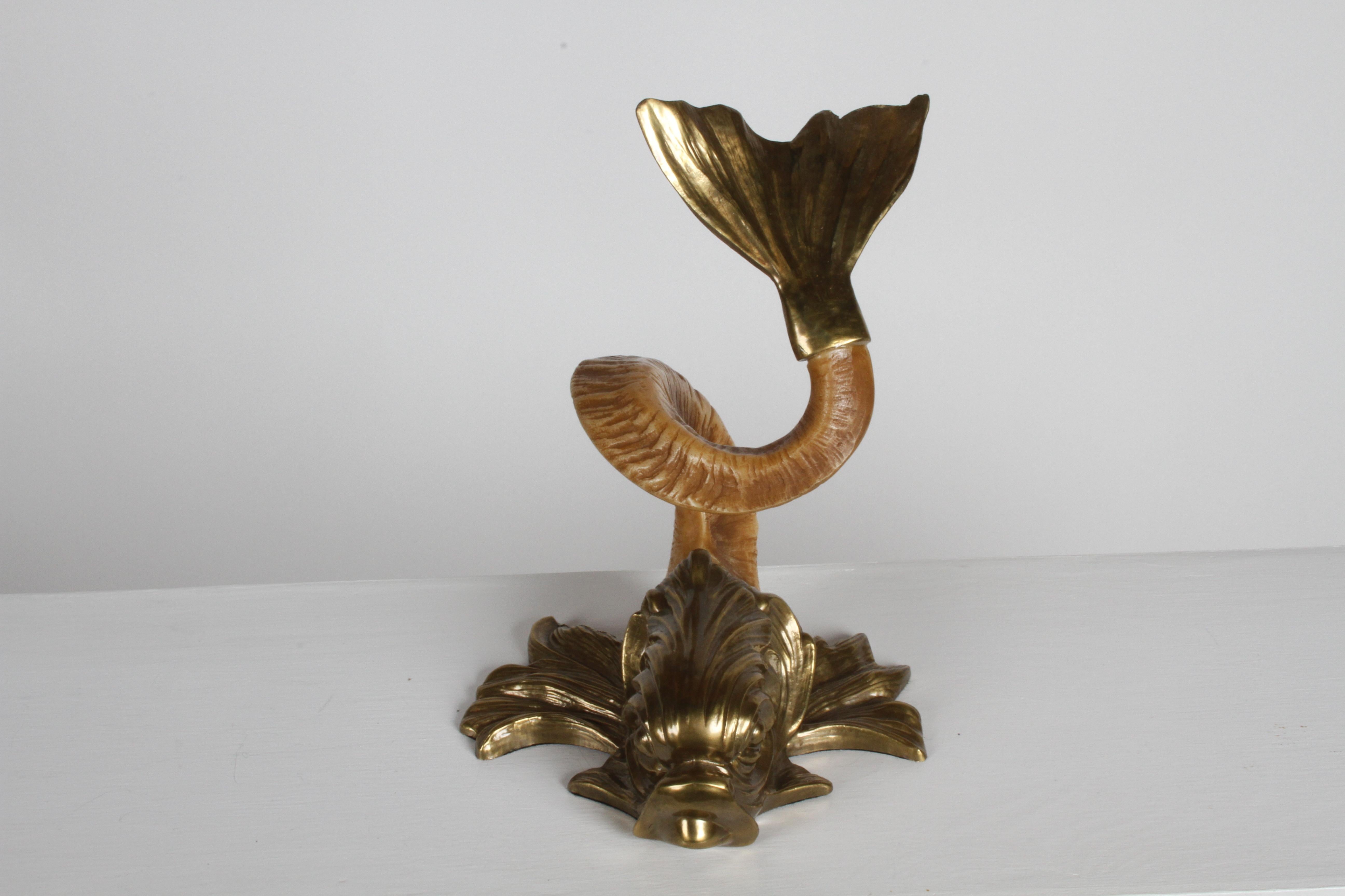 Hollywood Regency Pair of 1970s Chapman Brass and Faux Ram Horn Koi Fish Sculptures or Bookends