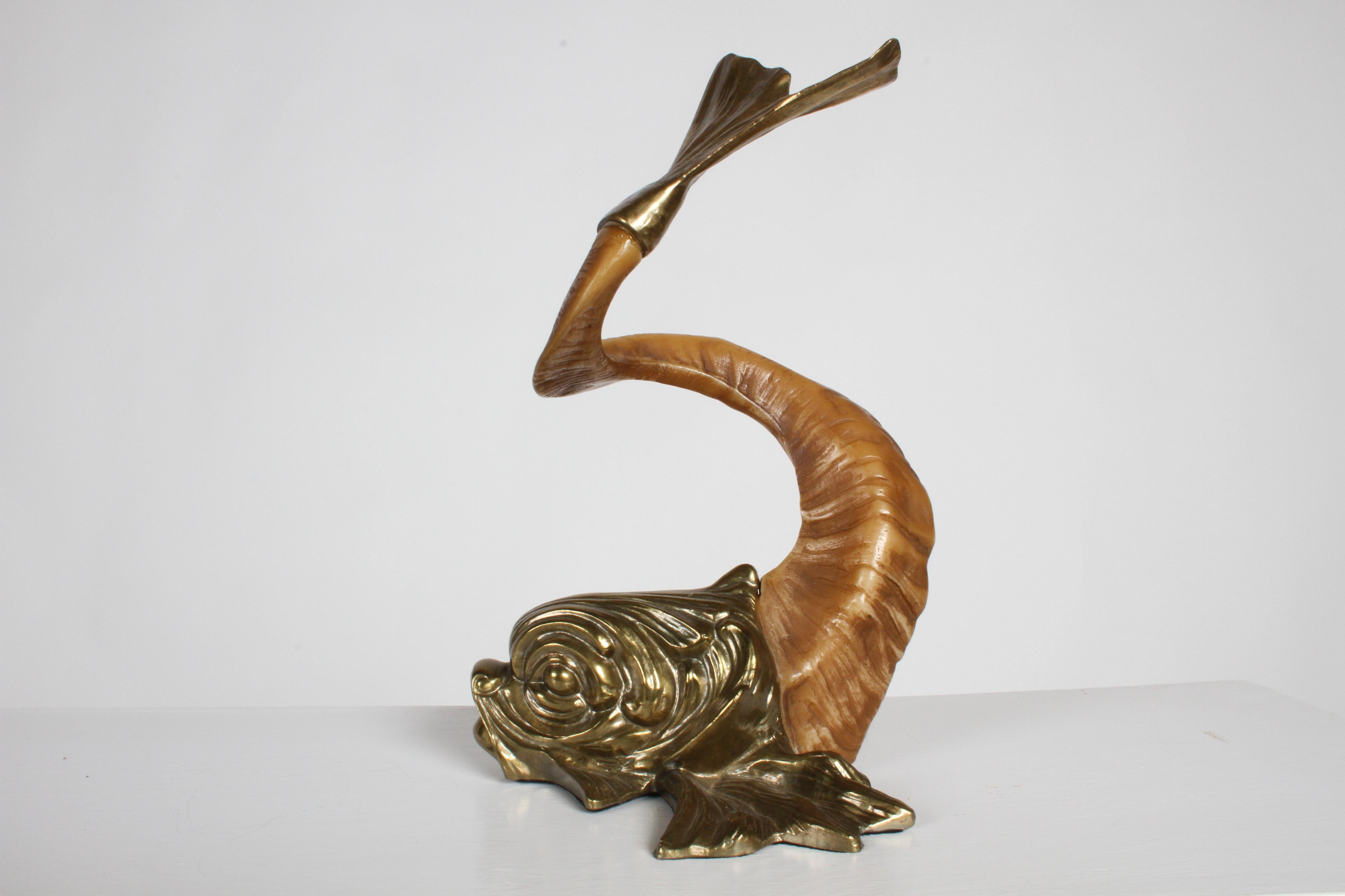 Pair of 1970s Chapman Brass and Faux Ram Horn Koi Fish Sculptures or Bookends In Good Condition In St. Louis, MO