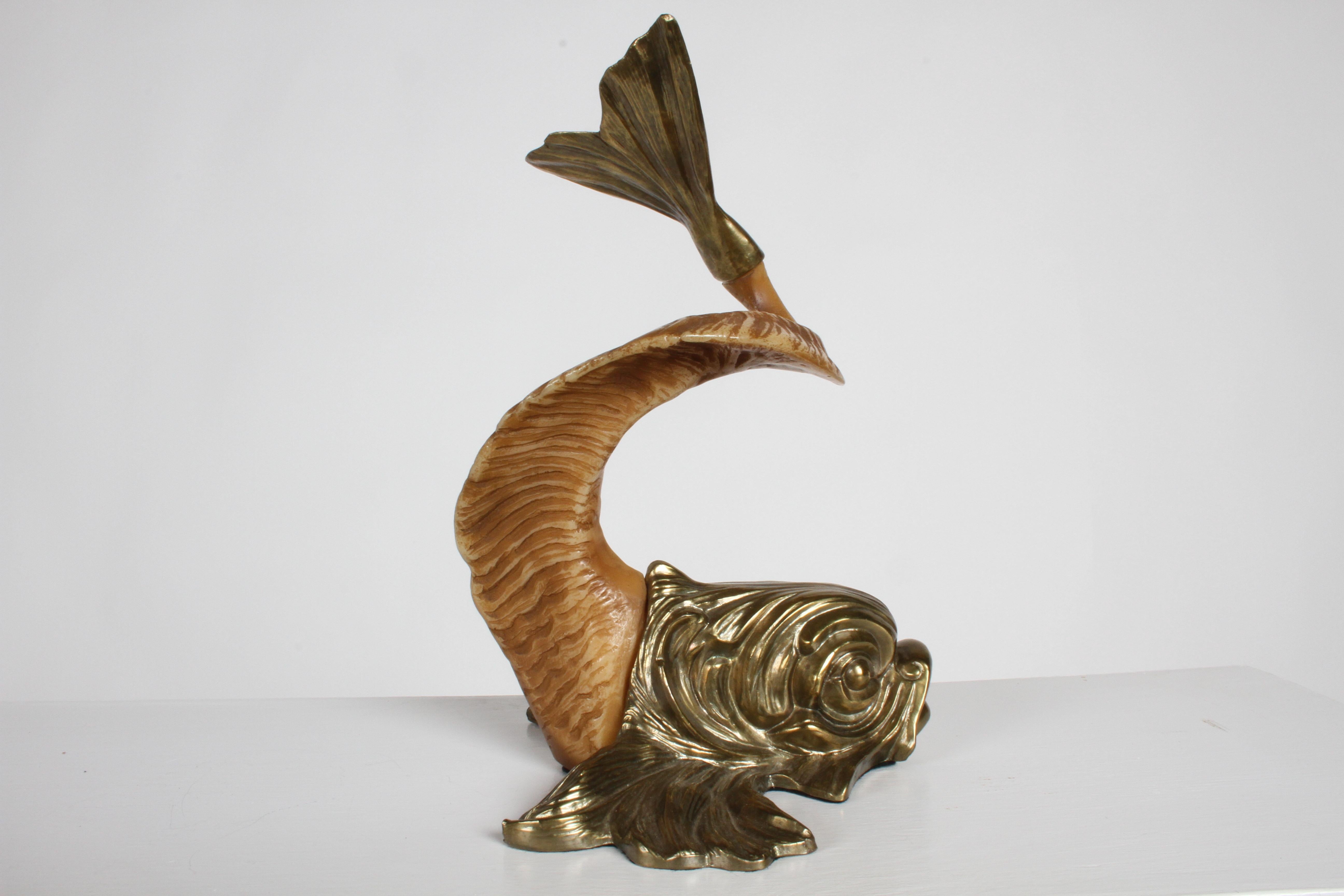 Late 20th Century Pair of 1970s Chapman Brass and Faux Ram Horn Koi Fish Sculptures or Bookends