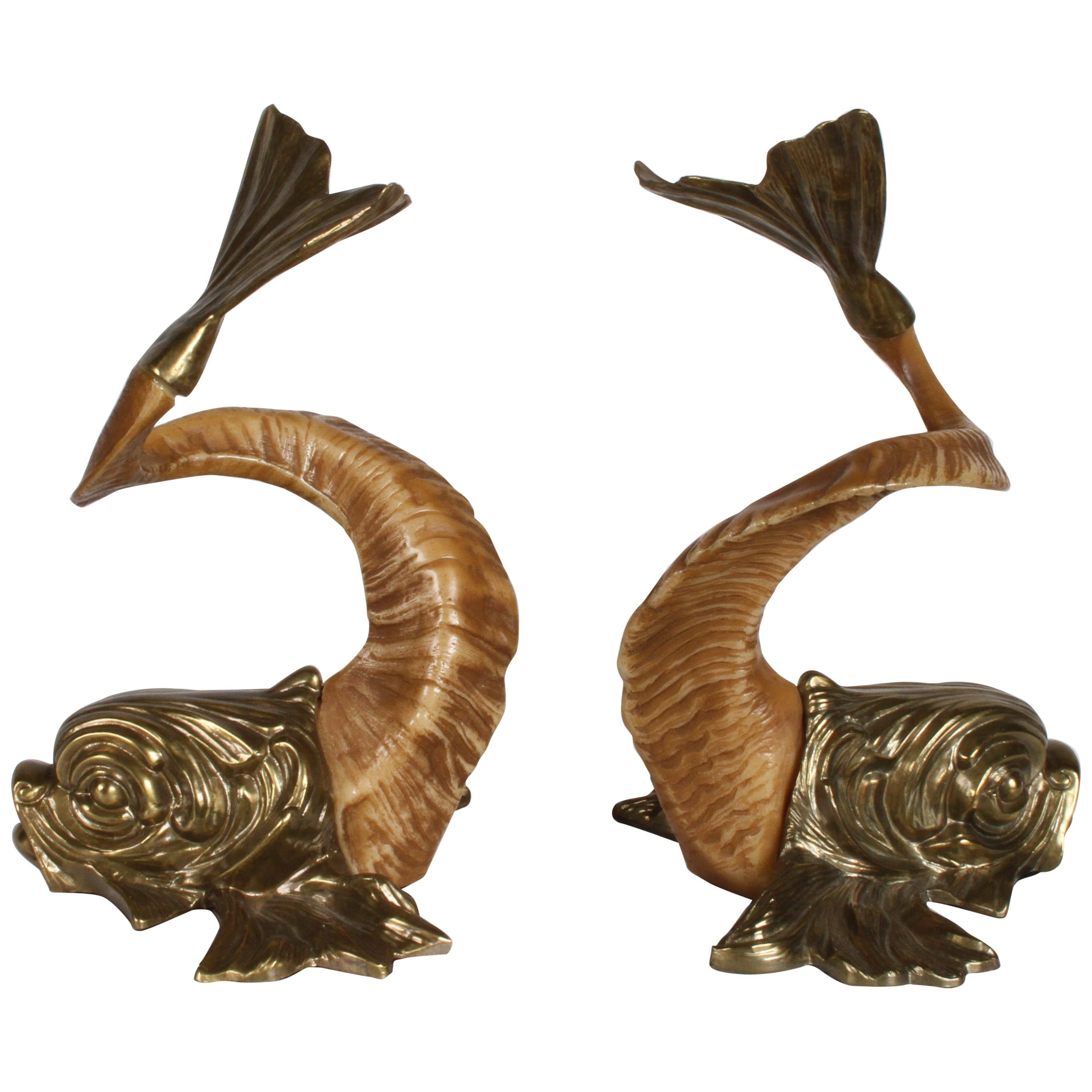 Pair of 1970s Chapman Brass and Faux Ram Horn Koi Fish Sculptures or Bookends