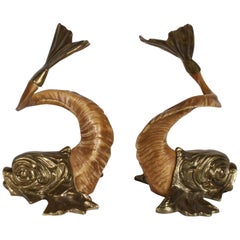 Vintage Pair of 1970s Chapman Brass and Faux Ram Horn Koi Fish Sculptures or Bookends