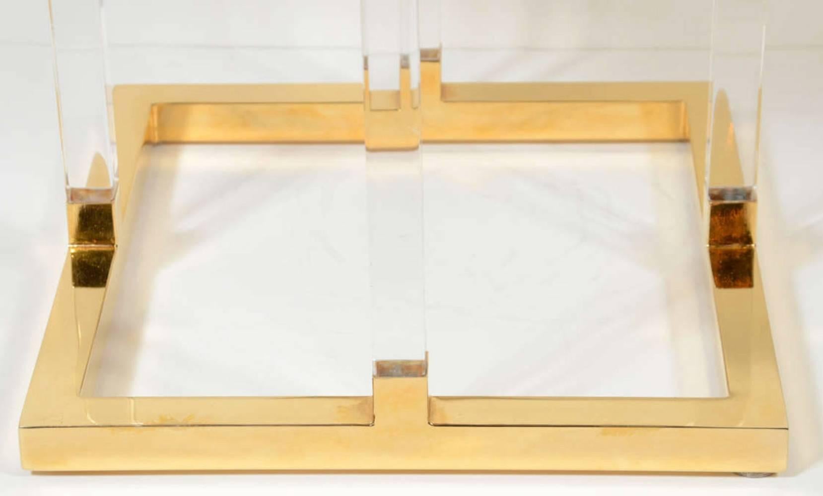 American Pair of 1970s Charles Hollis Jones Brass and Lucite Side Table