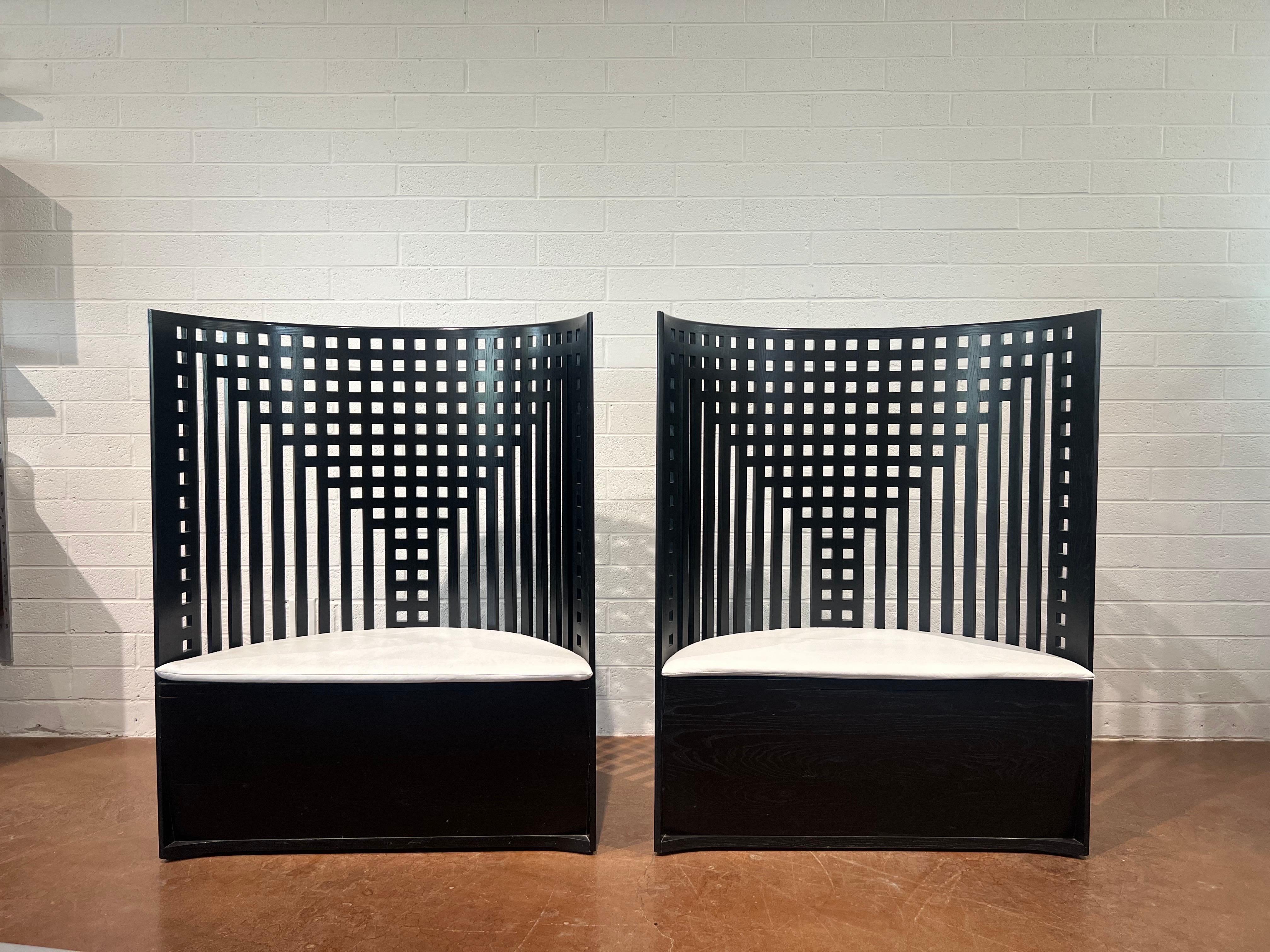 Uncommon Pair of Vintage Charles Rennie Mackintosh 312 Willow Trone-Armchairs by Cassina with original pads (2) and hang tags (2). Good vintage condition. 